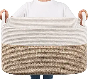Goodpick Large Woven Blanket Basket, 21.6" x 14.9" x 11.8" Storage Baskets for Organizing, Rectangle Cotton Rope Toy Basket for Living Room, Bedroom, White & Brown