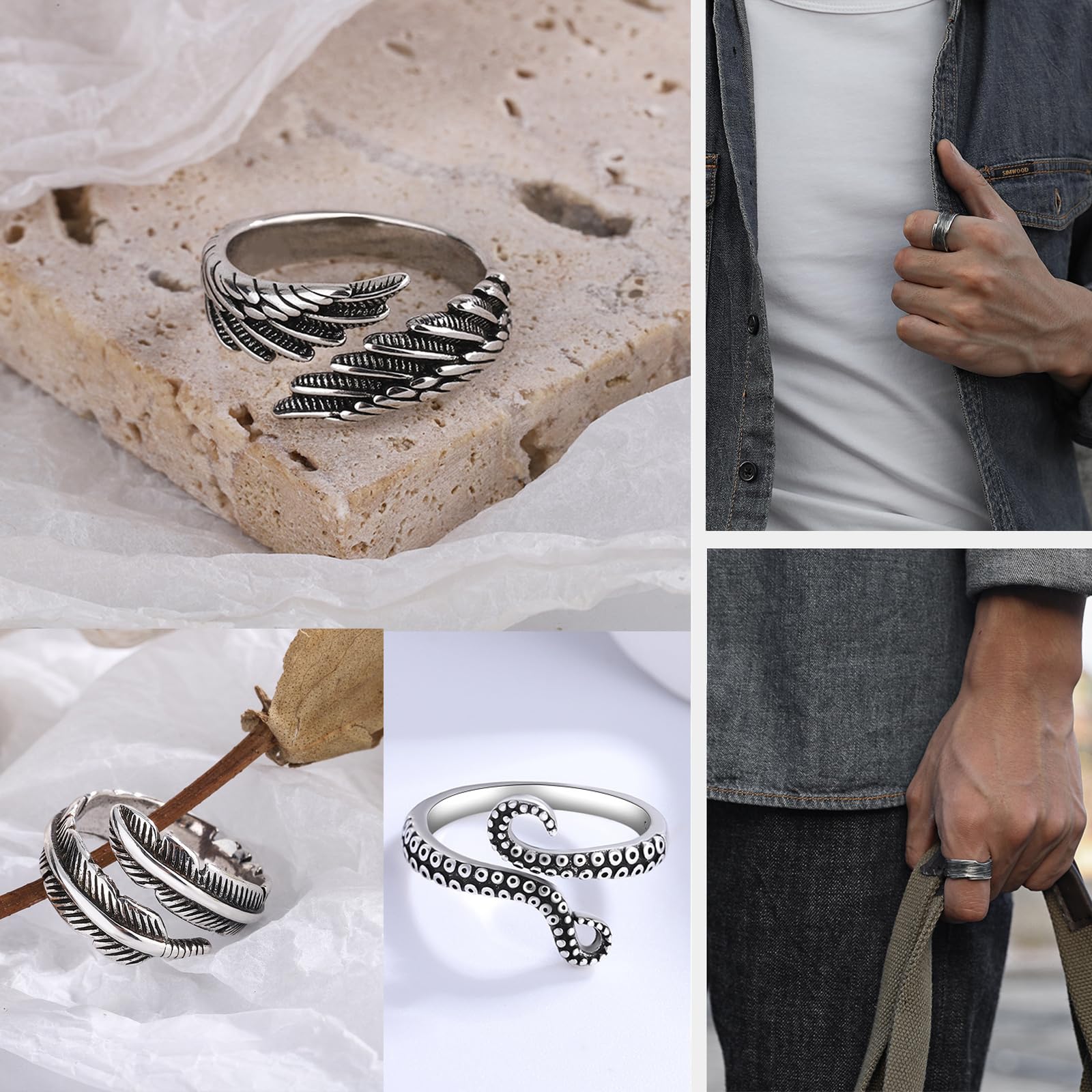 VELESAY 9 Pezzi Uomo Anello Vintage Gotico Antico Anello Rock Biker Punk Anello Angelo Set Anello Uomo