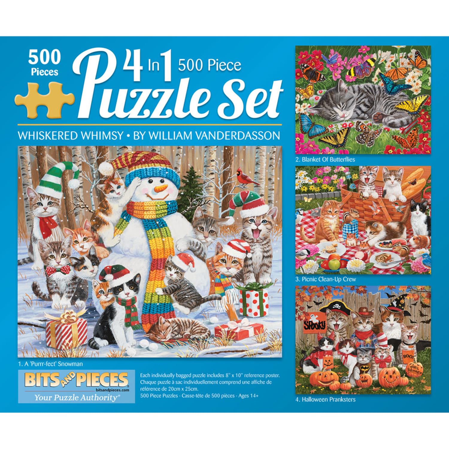 Bits and Pieces 4 Jigsaw Puzzle Set 500 Piece Puzzles for Adults, Whiskered Whimsy Set - Large 16" x 20" Jigsaw Puzzles 500 Pieces - Seasonal Cats Halloween Kittens - Random Die Cut Pieces No 2 Alike