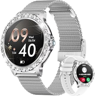 LIGE Smartwatch Damen mit Telefonfunktion, 1.32" Diamant Fitnessuhr für IOS Android, Menstruationszyklus, Herzfrequenz, Schrittzähler Armbanduhr, 500+ Ziffernblätter Smart Watch, Silber Mesh