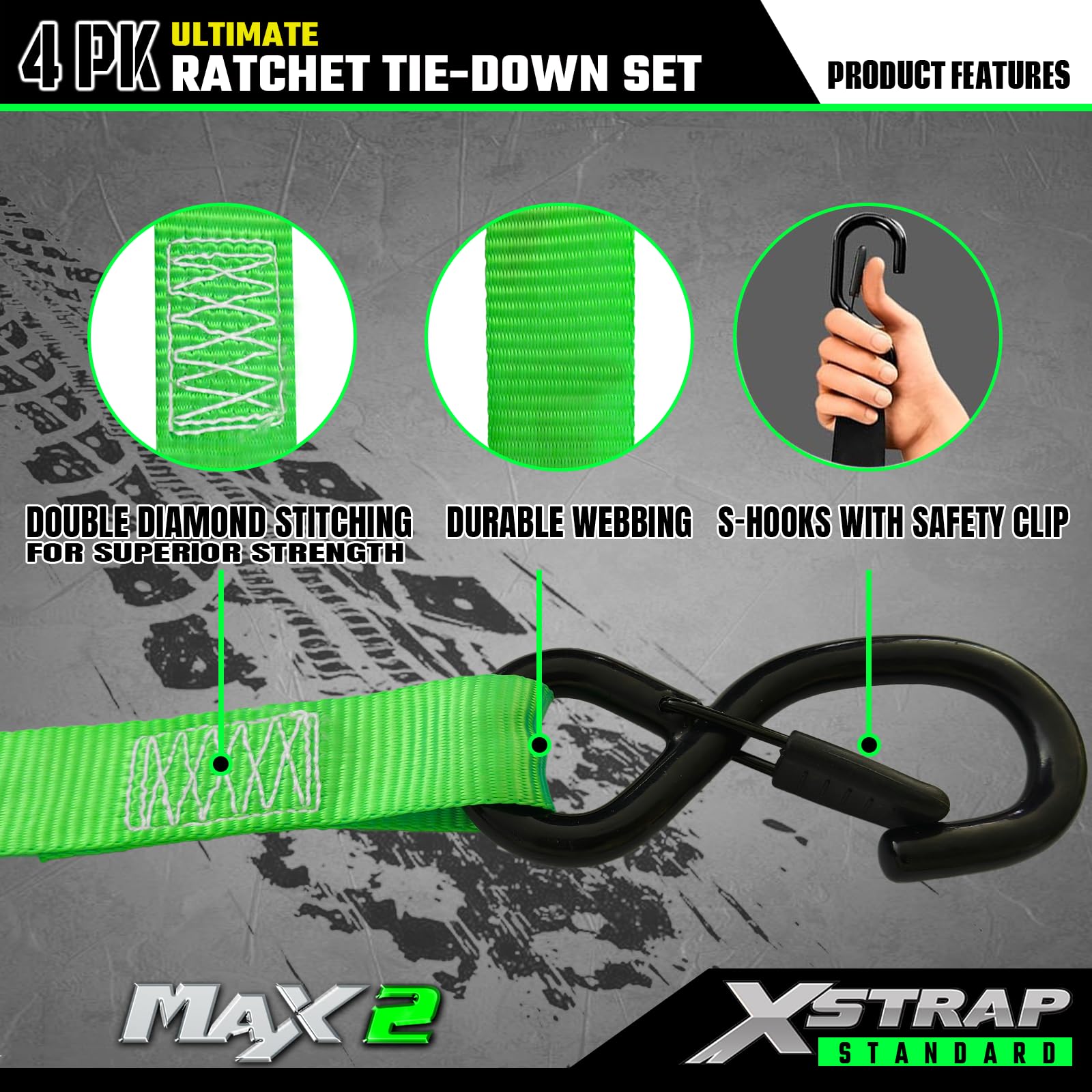 XSTRAP Standard Motorrad-Spanngurte, 2,5 cm x 4,6 m, 1 kg Bruchfestigkeit, weiche Schlaufenriemen mit Sicherheitsverschluss, S-Haken, Schwarze Schlaufen und Aufkleber, für Umzug, LKW, Ladung