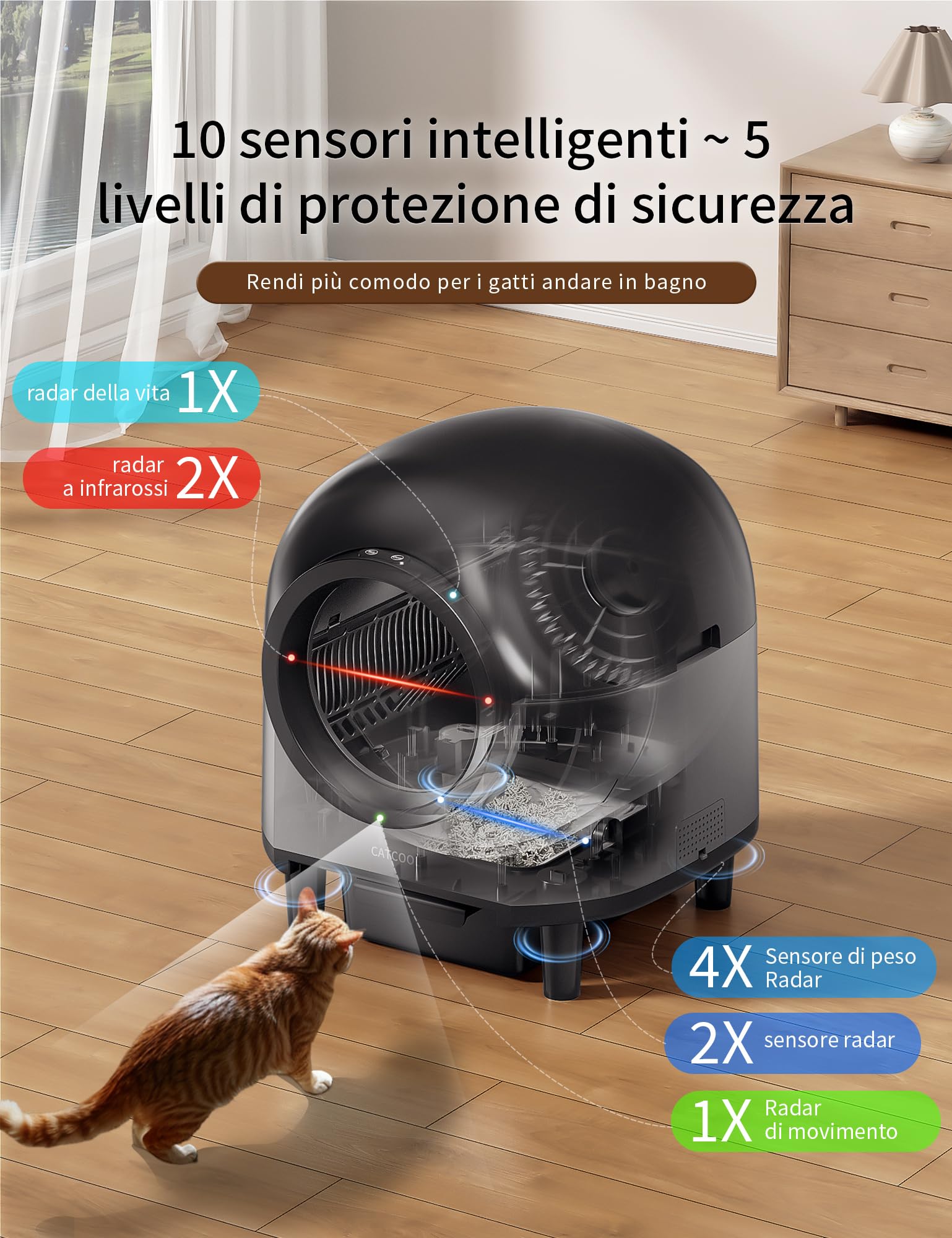 Lettiera Per Gatti Autopulente Intelligente, Lettiera Automatica con 10 Sensori, Lettiera Elettrica da 100 litri con Gradini per più gatti, Controllo Tramite App (nero)