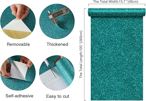 Miniatura 8 de CHIHUT Papel tapiz de color verde azulado con purpurina para dormitorio, papel tapiz para despegar y pegar, papel tapiz de tela extraíble, rollo de