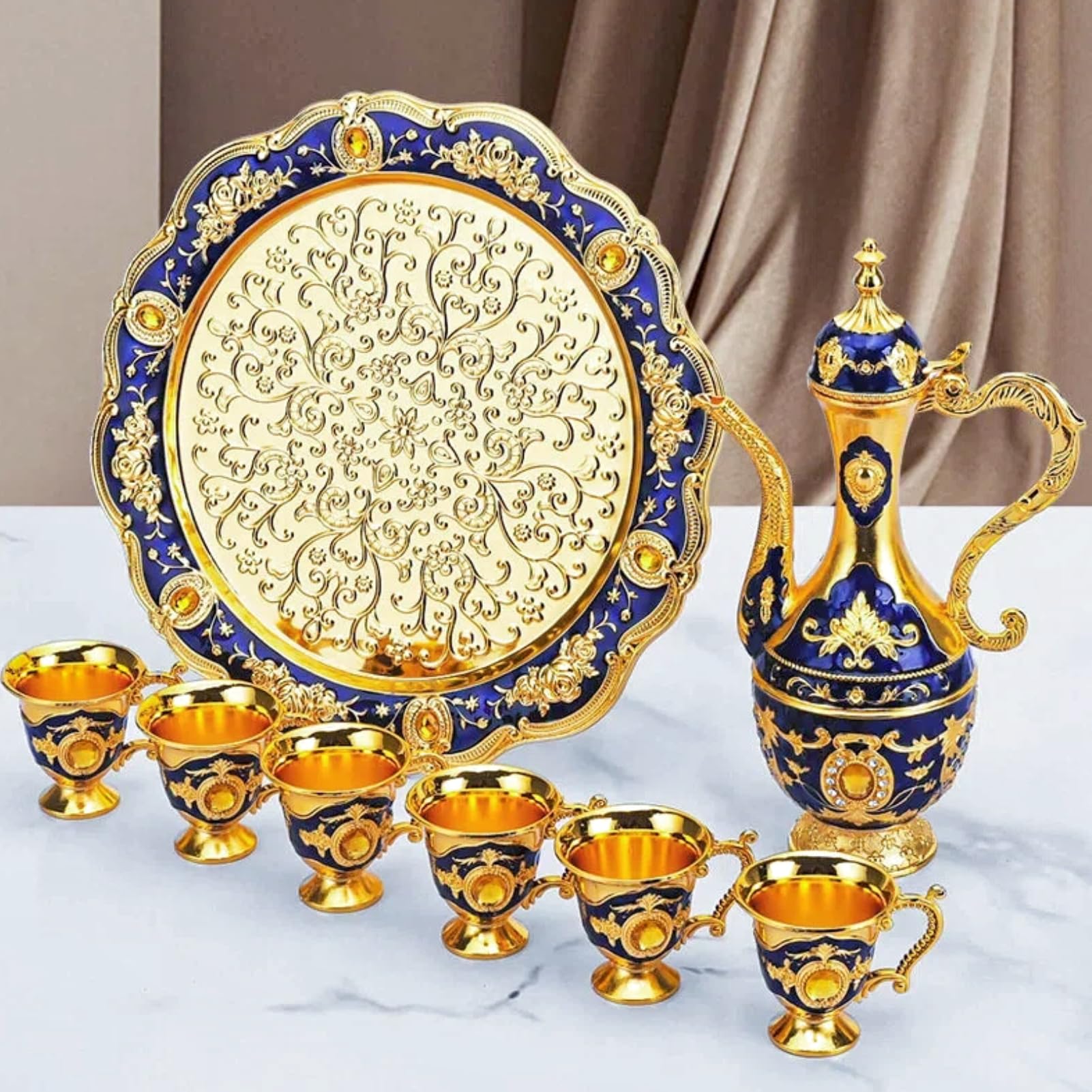 Türkische Kaffeekanne Set, Vintage 8-teiliges Metall Tee und Kaffee-Set mit 6 Tassen, Zinklegierung für Wohnzimmer und Esstisch, Geschenk für Hochzeit und Weihnachten