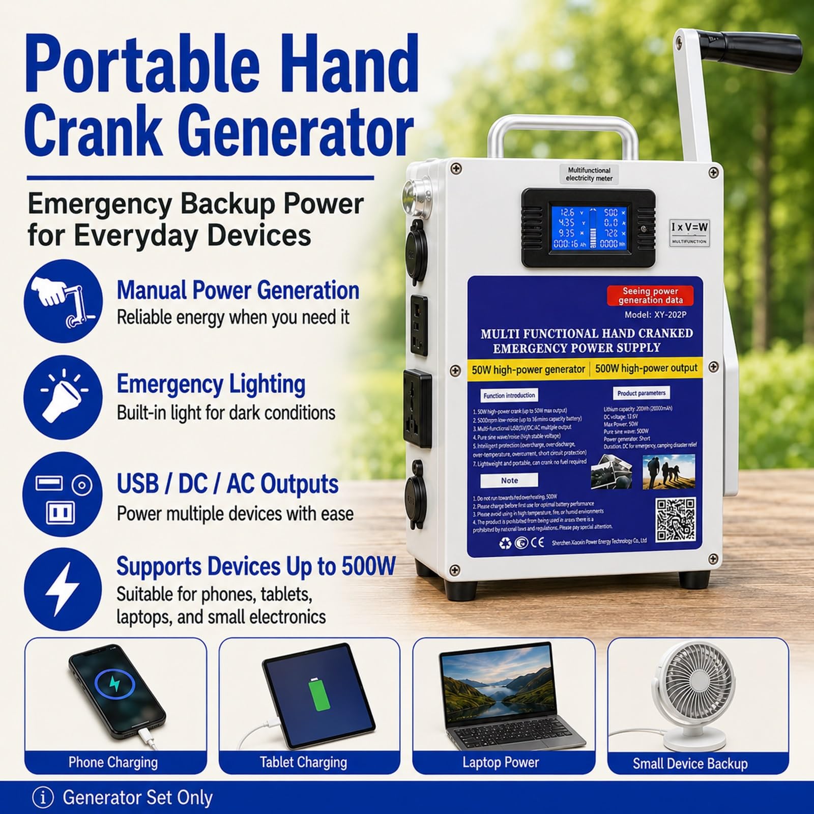 Generador de Manivela 500W Estación de Energía Portátil Cargador Manual