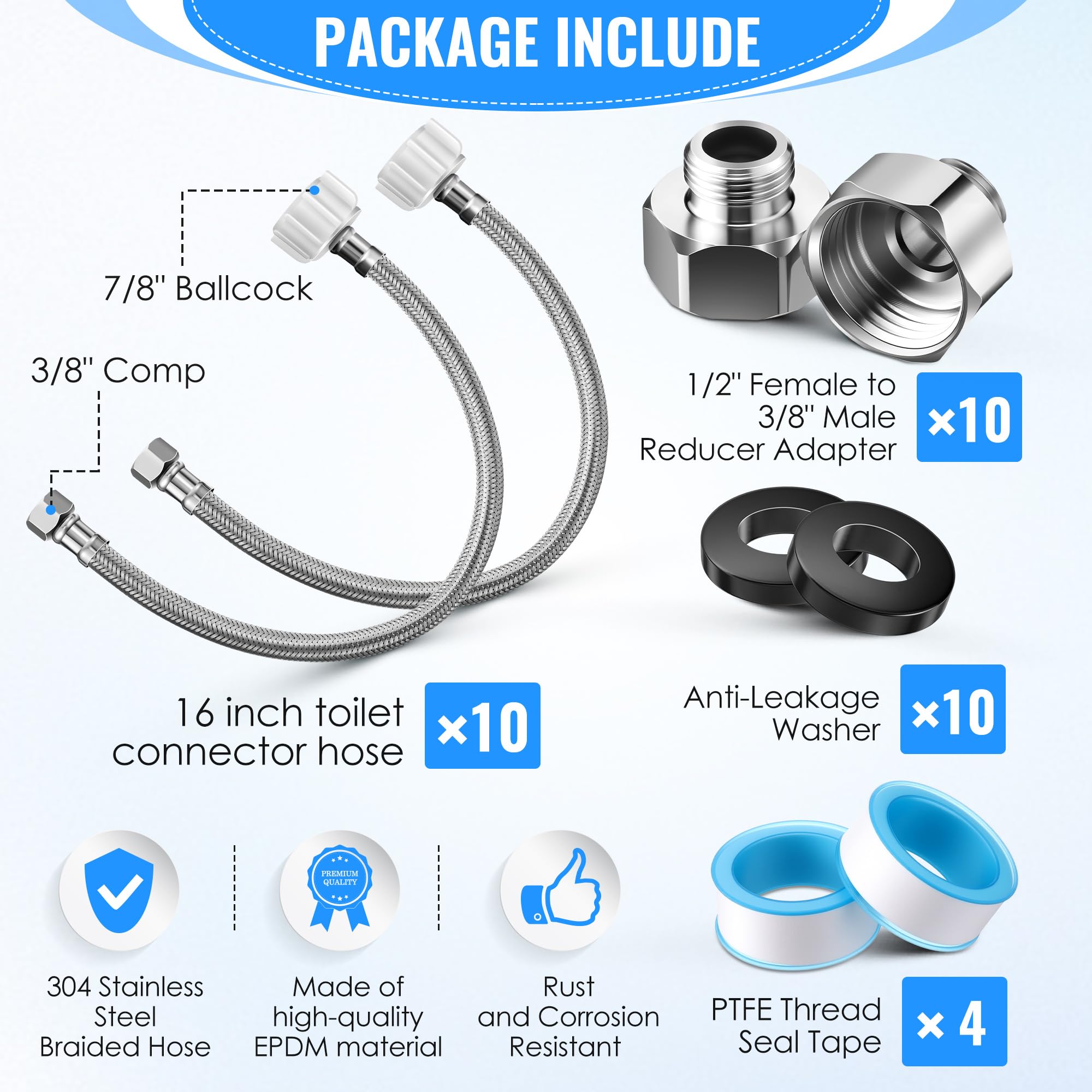 Stainless Steel Toilet Supply Lines - 10 Pack -2