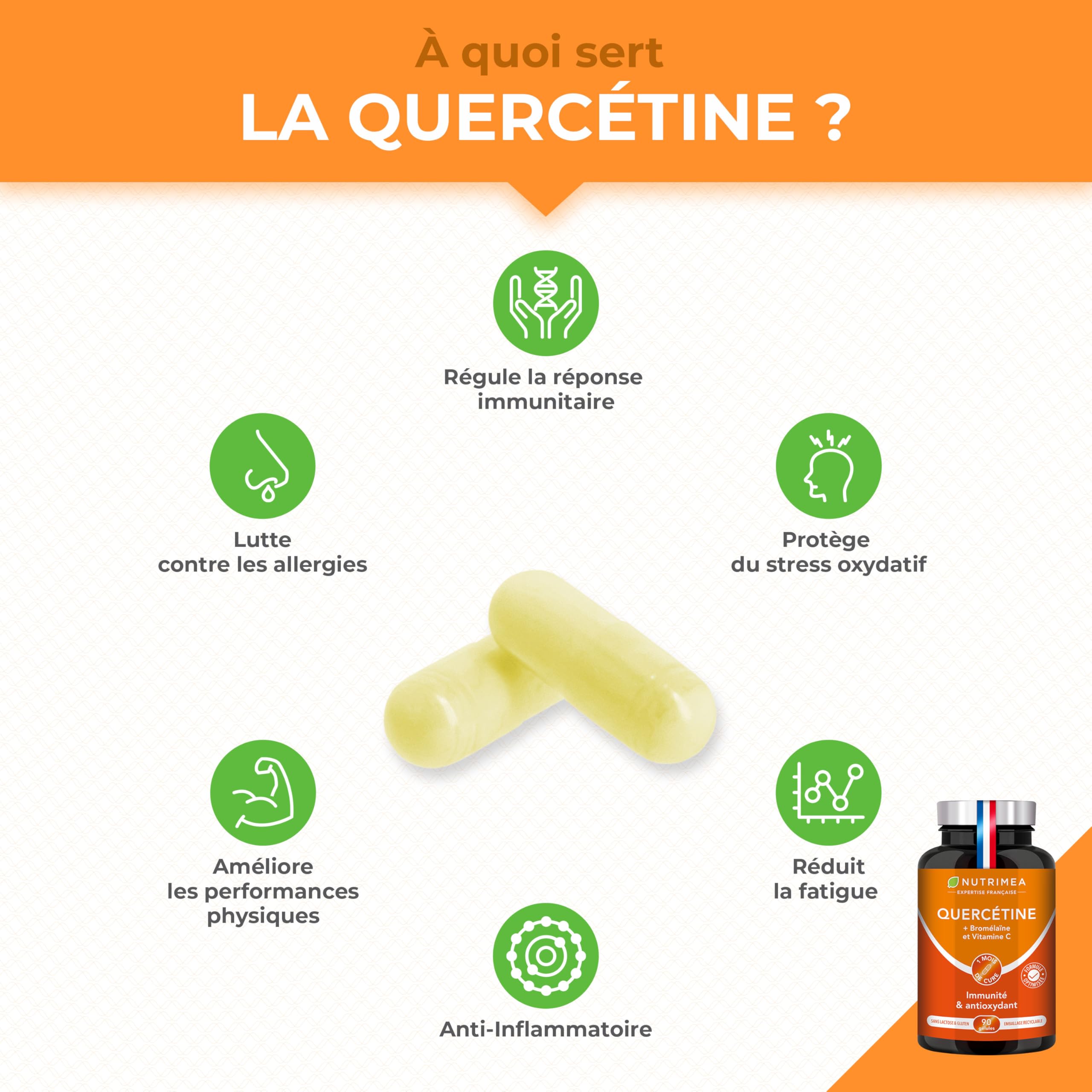 QUERCETINE - 600 mg - Vegan & Sans Excipient - Avec Bromelaine & Vitamine C Végétales - Puissant Antioxydant, Renforce l'Immunité - Nutrimea - 90 Gélules - Fabriqué en France