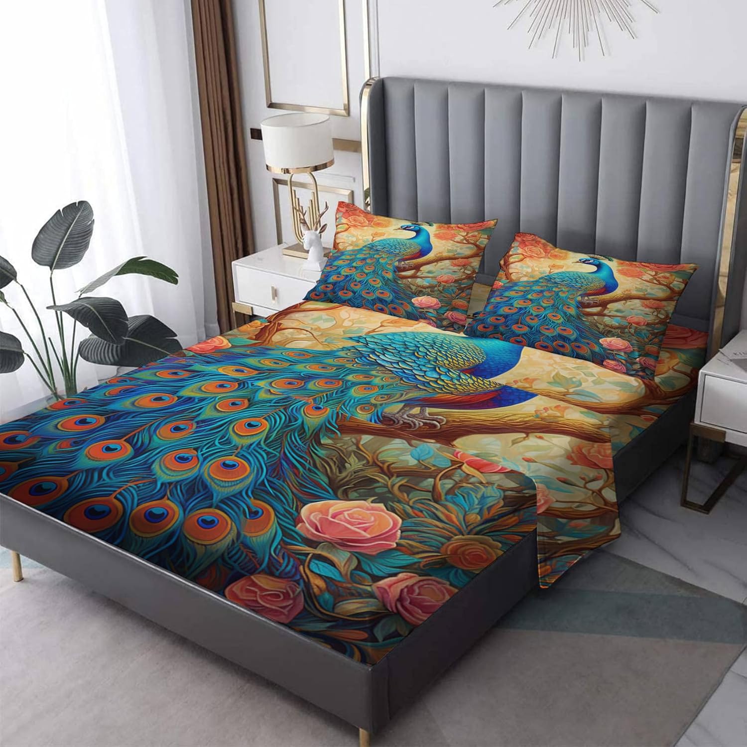 Full Size Sheet Sets - Peacock and Floral Bed Sheets, Oriental Bedding Sheets & Pillowcases, Soft Microfiber & Deep Pocket & Wrinkle Free Sheet Set, 1 Fitted Sheet, 1 Flat Sheet, 2 Pillow Cases