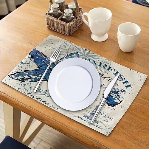 Miniatura 6 de Juego de 4 manteles individuales vintage con temática del mar, playa costera, océano, impermeables, resistentes al calor, lavables, antideslizantes,