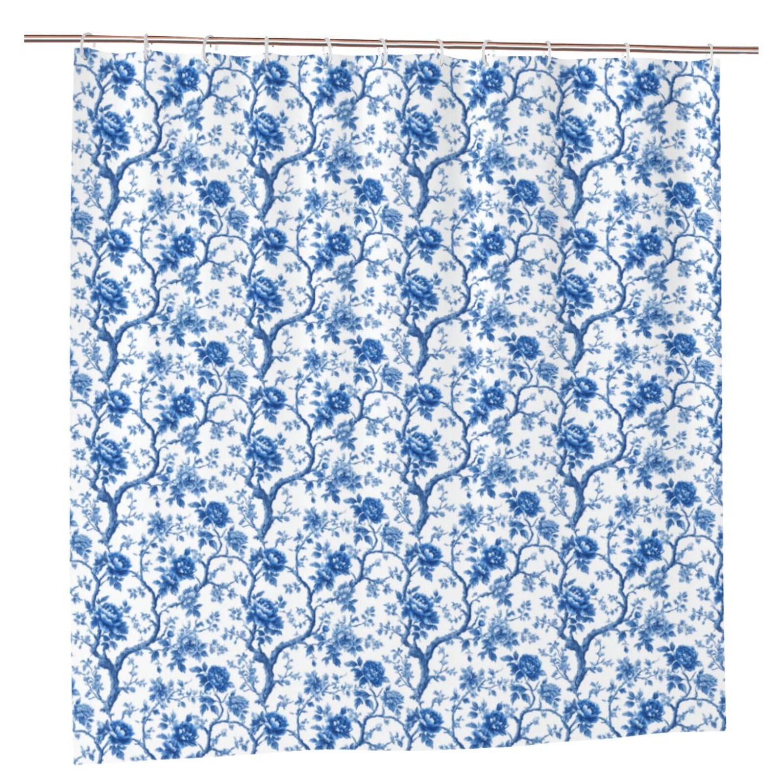 Oudrspo Blue Chinoiserie Toile De Jouy Pattern Floral Peonies Shower Curtain Bathroom Waterproof Washable Bathtubs Polyester Curtains with 12 Hooks 72x72 Inches