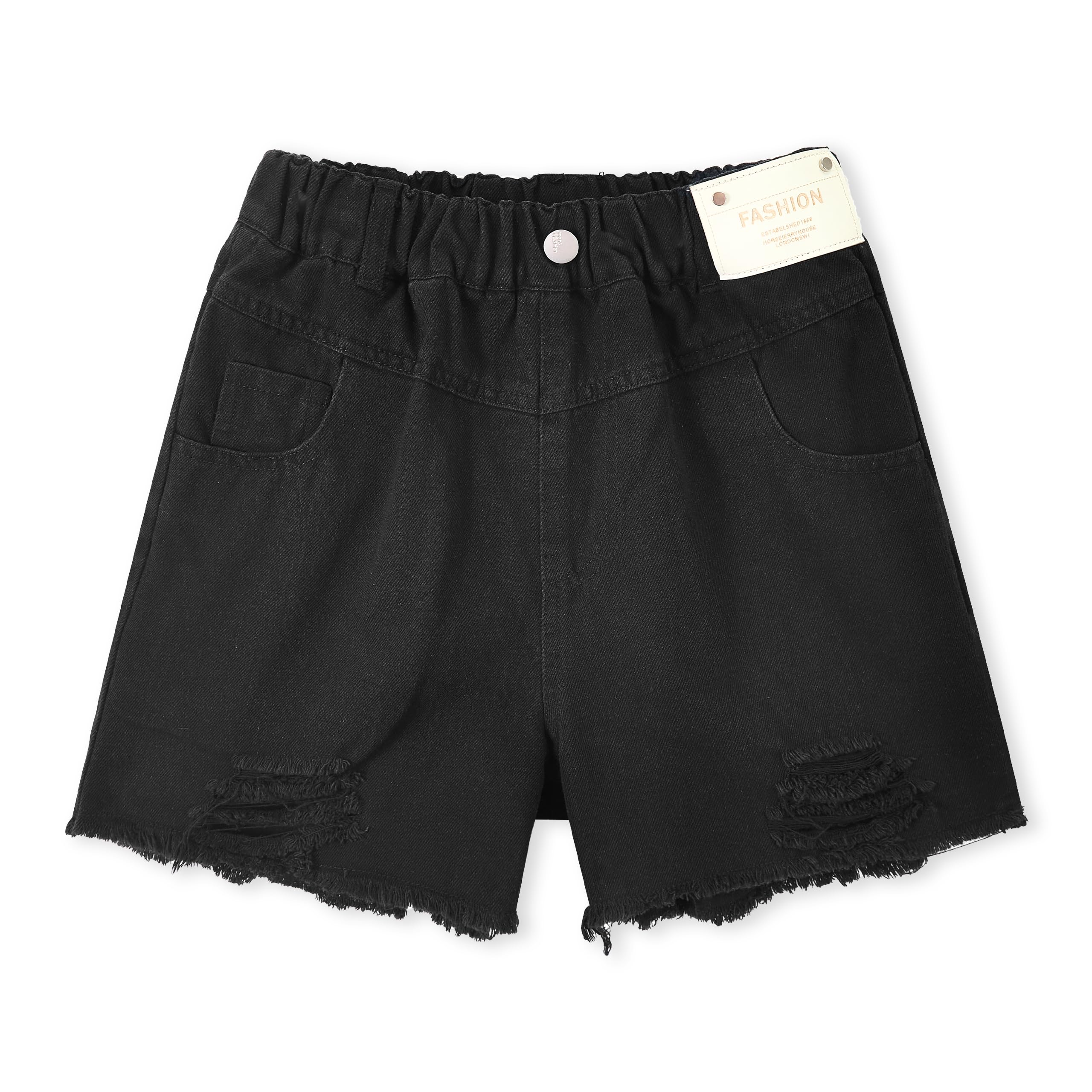 Rolanko Shorts en Jean pour Filles Taille Élastiquée Été Déchirés Jeans Courts avec Poches pour Enfants