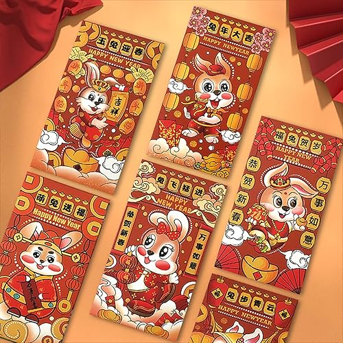 Miniatura 2 de Honrane 6 sobres rojos de Año Nuevo chino sobres de dinero de la suerte sobres de bolsillo rojo del año del conejo sobre rojo de Año Nuevo sobres