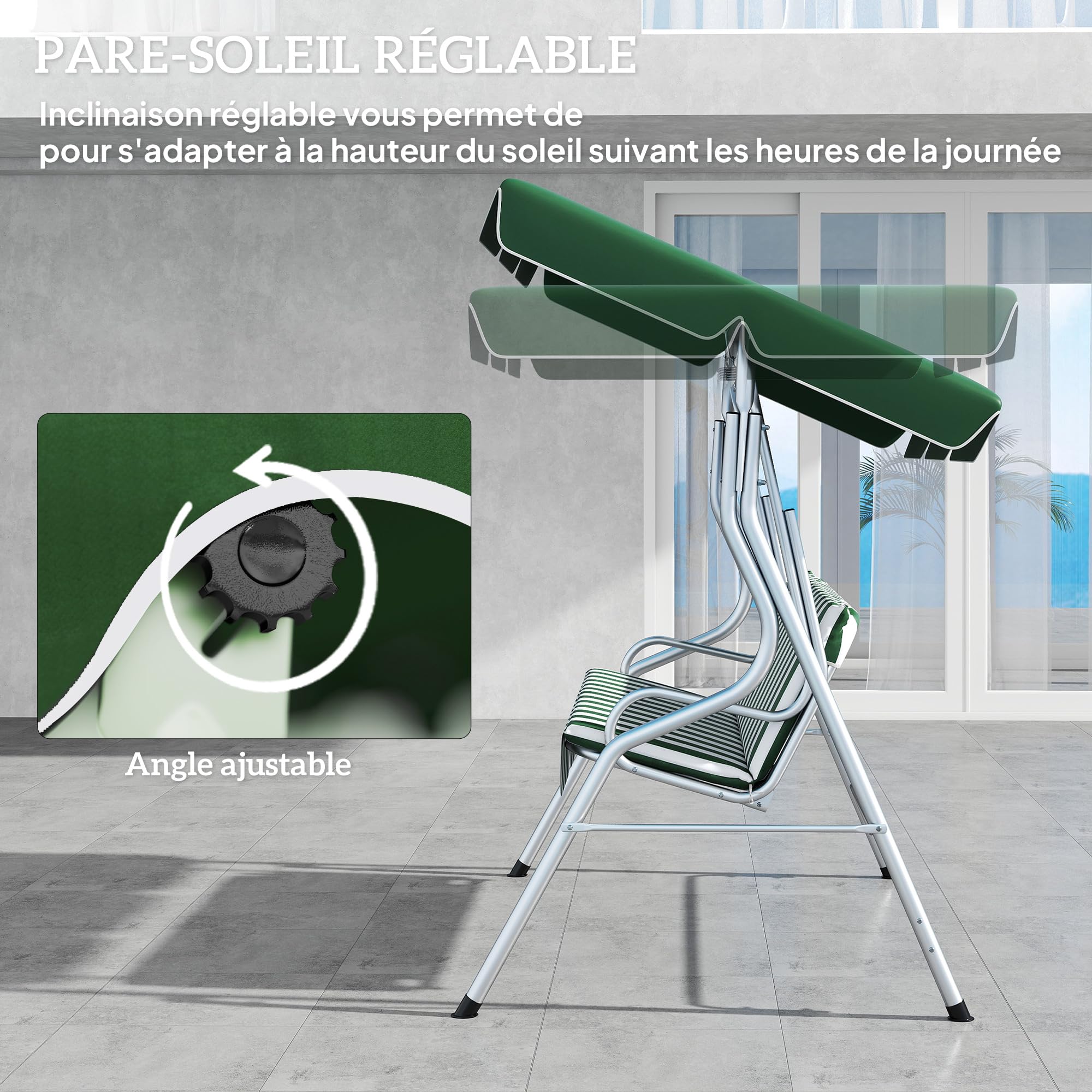 Outsunny Balancelle de Jardin 3 Places, balançoire extérieure Toit Inclinaison réglable, Motif à Rayures, avec Coussins Assise et Dossier, 1,7 x 1,1 x 1,53 m, métal Polyester, Vert