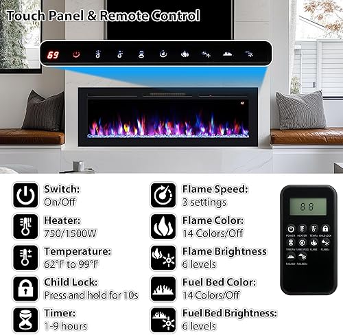 Miniatura 20 de Chimenea eléctrica de 42 pulgadas, calentador de chimenea empotrado y montado en la pared, chimenea lineal de 750 W/1500 W con control remoto