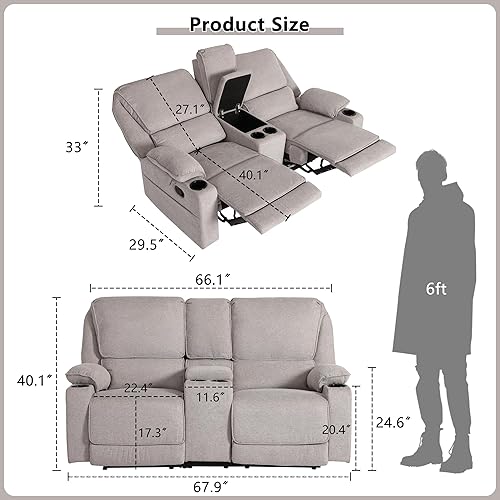 Miniatura 3 de Sofá biplaza reclinable para autocaravana, asiento de cine en casa, sofá biplaza manual con consola, 4 soportes para tazas, sofá reclinable de 2