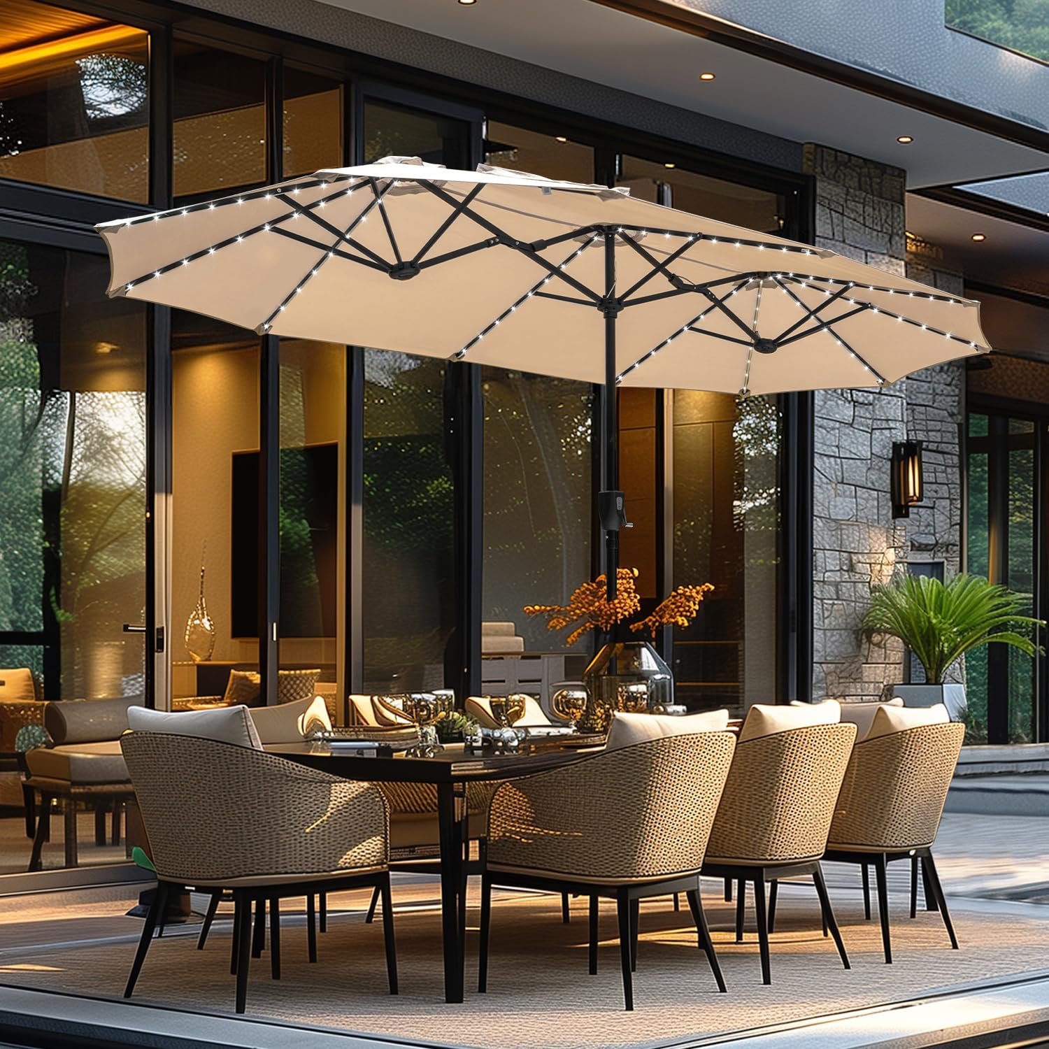 GREEN PARTY 13 ft Rectangle Patio Umbrella with Solar Lights, Double-Sided Market Table Umbrella with Crank, Large Outdoor Umbrellas for Patio Poolside Garden Backyard, Beige