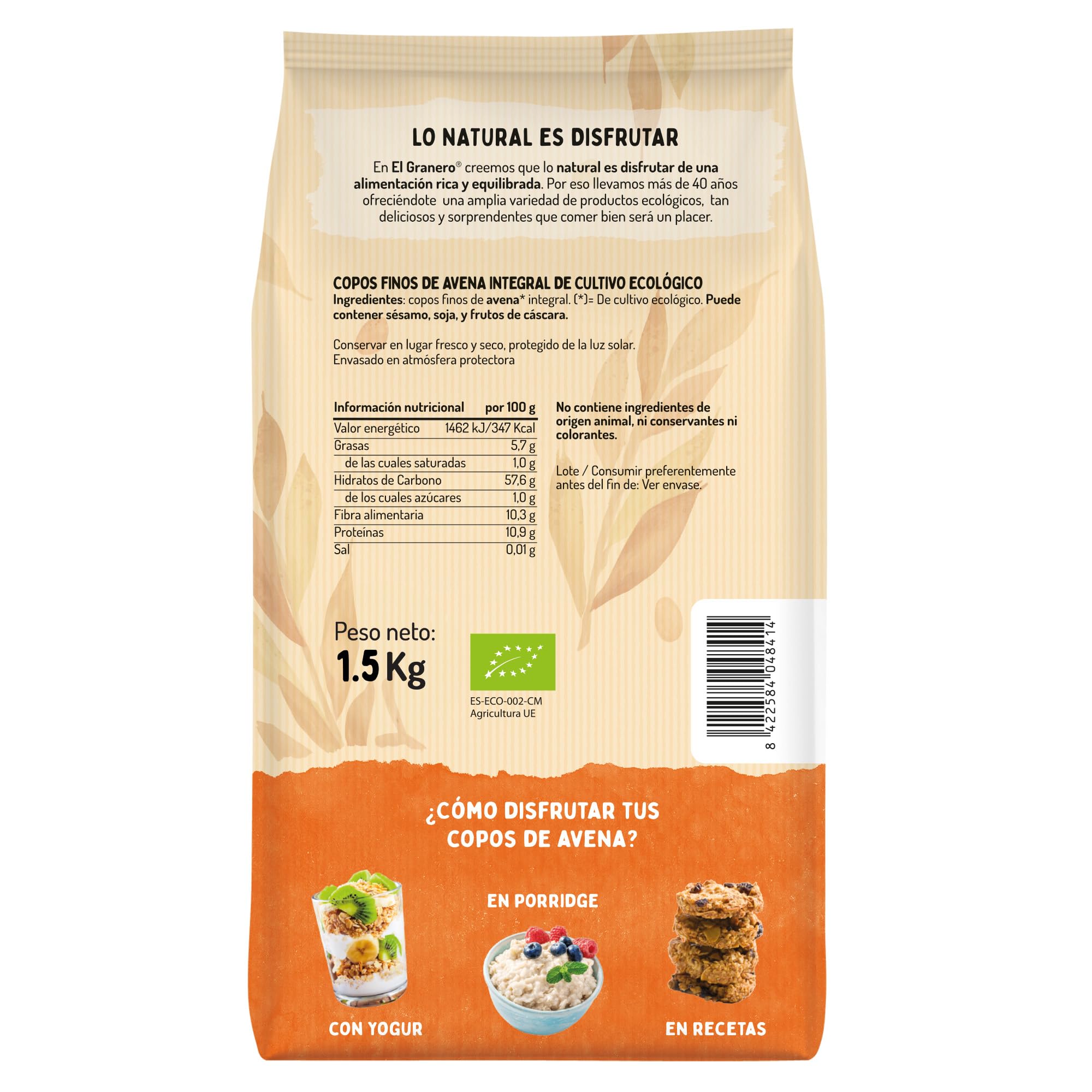 Copos Suaves Avena Integral Ecológica 1.5 kg Sin Azúcar Alto Contenido Fibra Proteínas