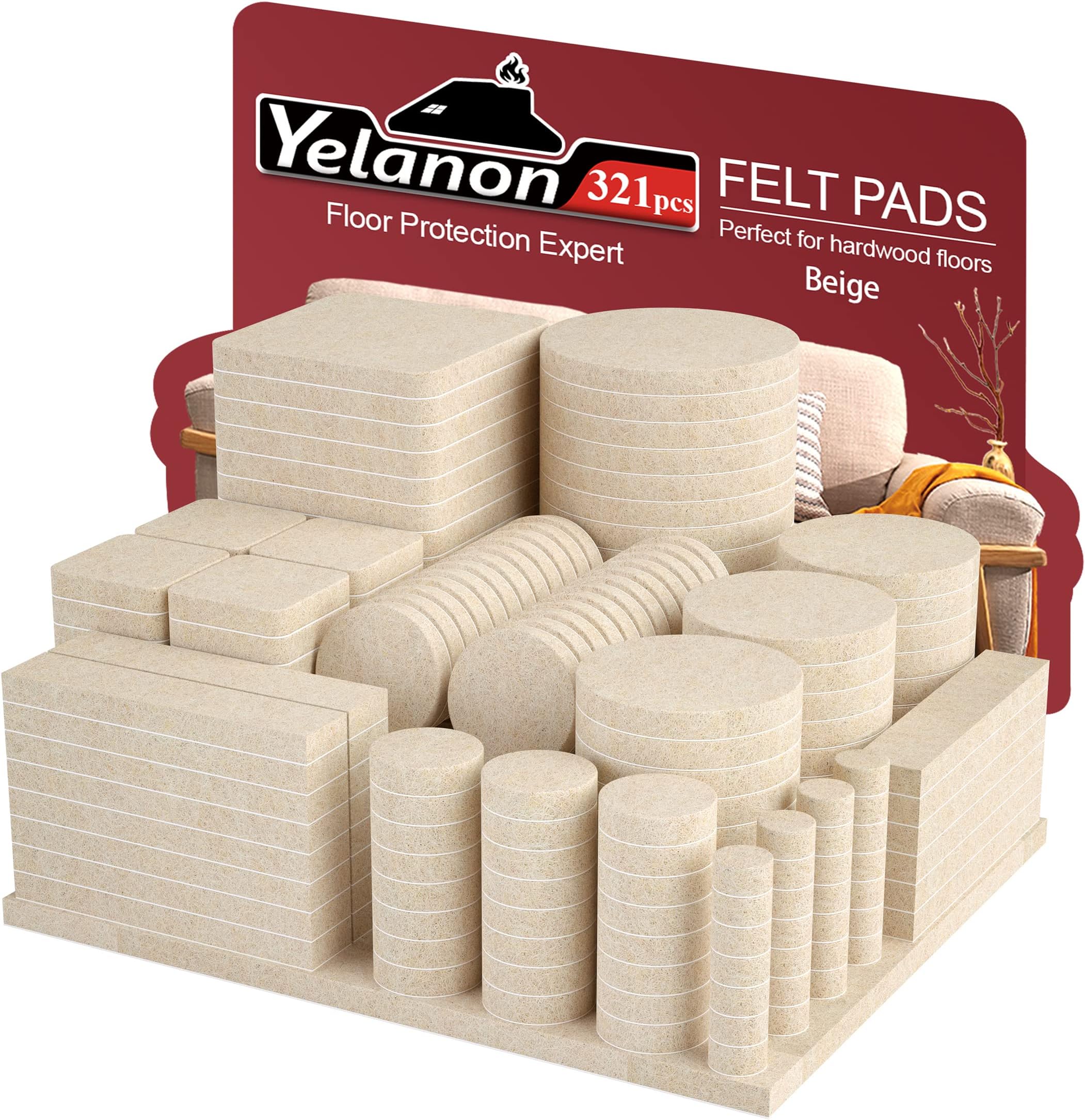 YelanonFelt Furniture Pads -321 Pcs Furniture Pads Hardwoods Floors Self Adhesive, Cuttable Felt Chair Pads, Anti Scratch Floor Protectors for Furniture Feet Chair Legs, Furniture Felt Pads, Beige