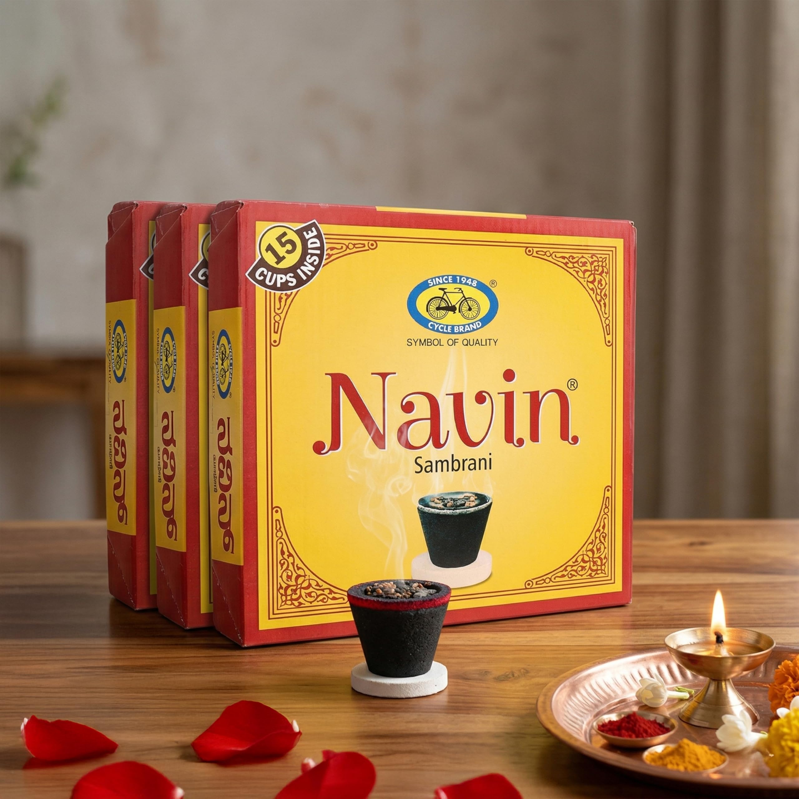 Cycle Pure Navin Sambrani Dhoop Cups for Pooja (45 pcs) | Havan Cups for Pooja, Home & Festivals | Natural Guggal/Loban Dhoop Original | Dhoop Cones | Pack of 3 (15 Cups/Pack + 1 Burner Plate/Pack)-image-45