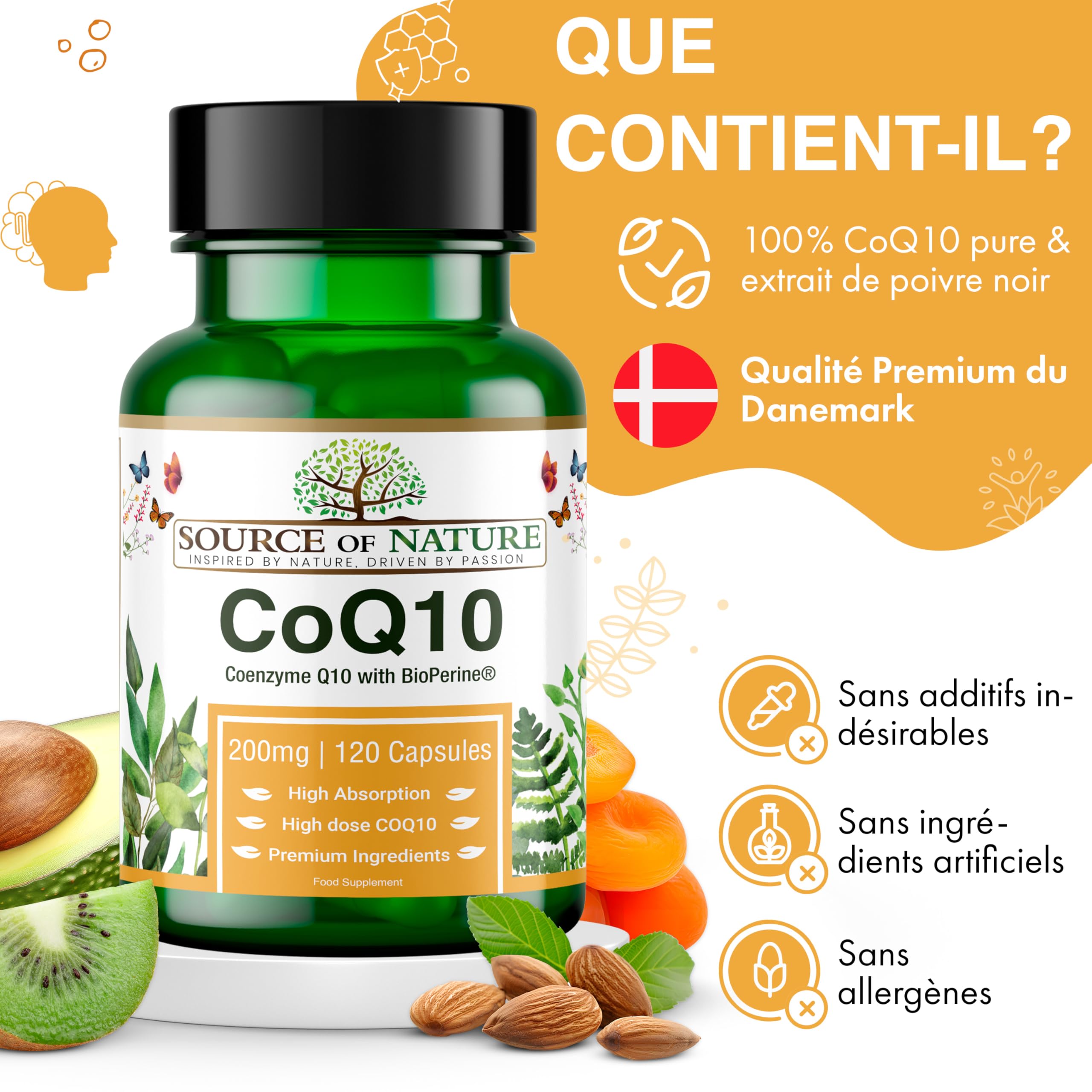 Source of Nature® | CoQ10 200mg | 120 Gélules | Approvisionnement de 4 mois | Haute dose | Coenzyme Q10 pur à 99% | Naturellement fermenté | Avec BioPerine® pour l'absorption | Végétalien