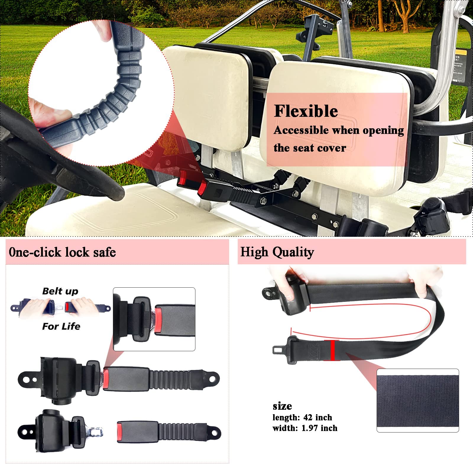 Golf Cart Retractable 42" Seat Belts with Belt Bracket Kit for Yamaha Club Car DS Precedent EZGO TXT RXV