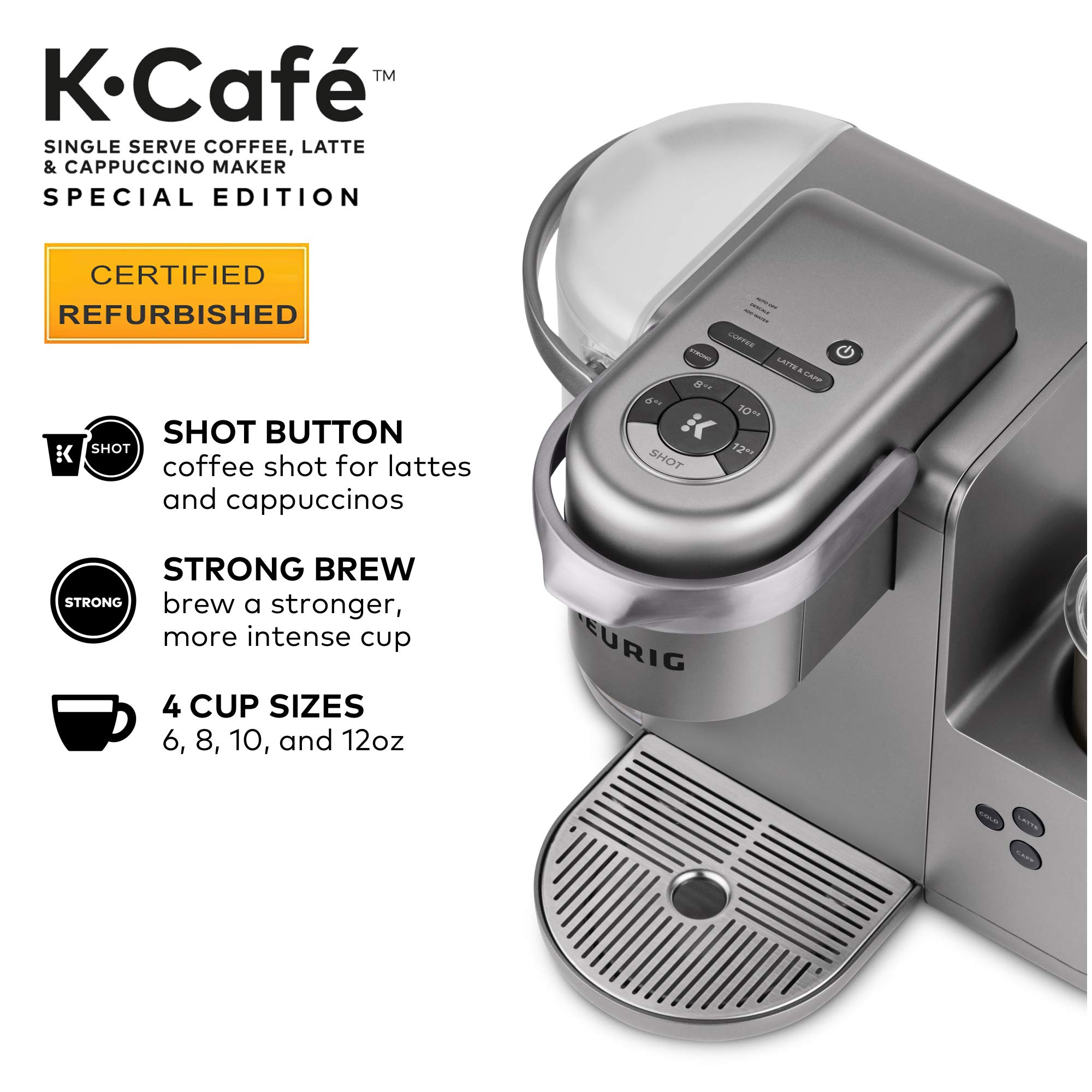 Keurig K-Cafe Special Edition Coffee Maker, Single Serve K-Cup Pod Coffee, Latte and Cappuccino Maker, Comes with Dishwasher Safe Milk Frother, Coffee Shot Capability, Nickel (Renewed)