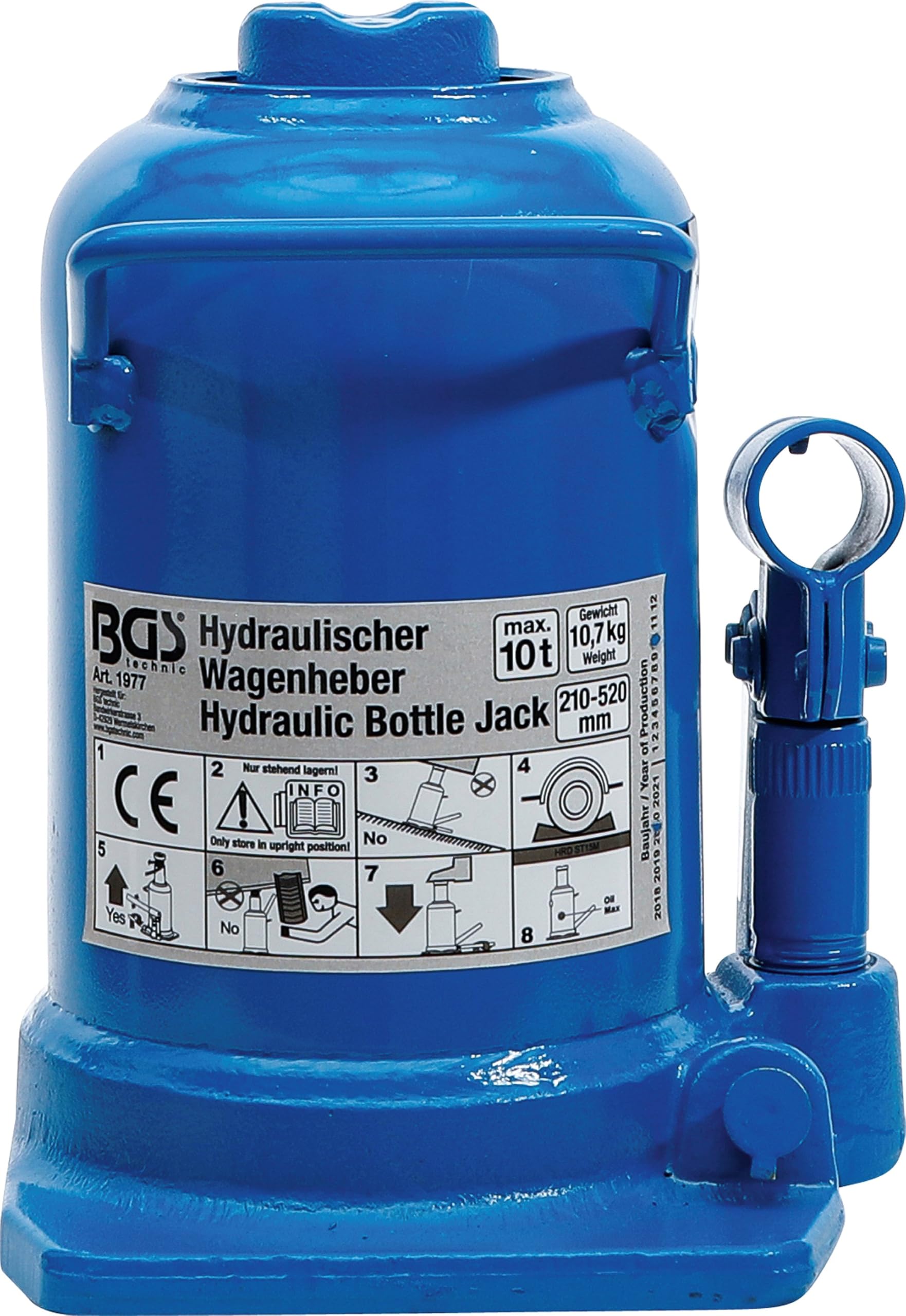 BGS 1977 | Hydraulischer Flaschen-Wagenheber | 10 t | Höhe 210-520 mm | Hubhöhe 242 mm | Aufnahmeteller Ø 47 mm | Spindellänge 70 mm | Hebellänge 578 mm | Sicherheitsventil