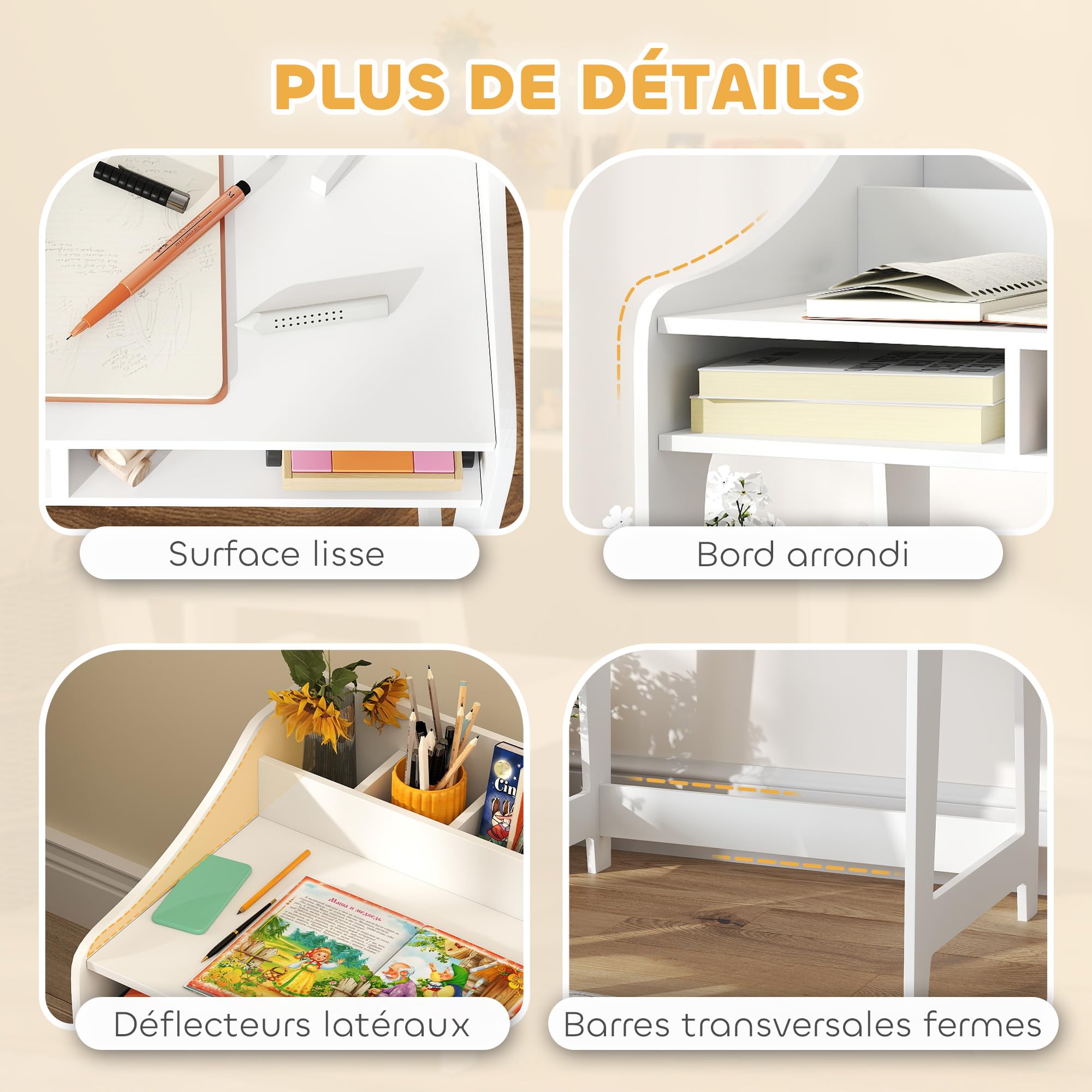 AIYAPLAY Conjunto de Escritorio y Silla para Niños de 3 a 8 Años con Compartimentos Abiertos y Estantes para Dormitorio, Sala de Juegos, Habitación, Blanco