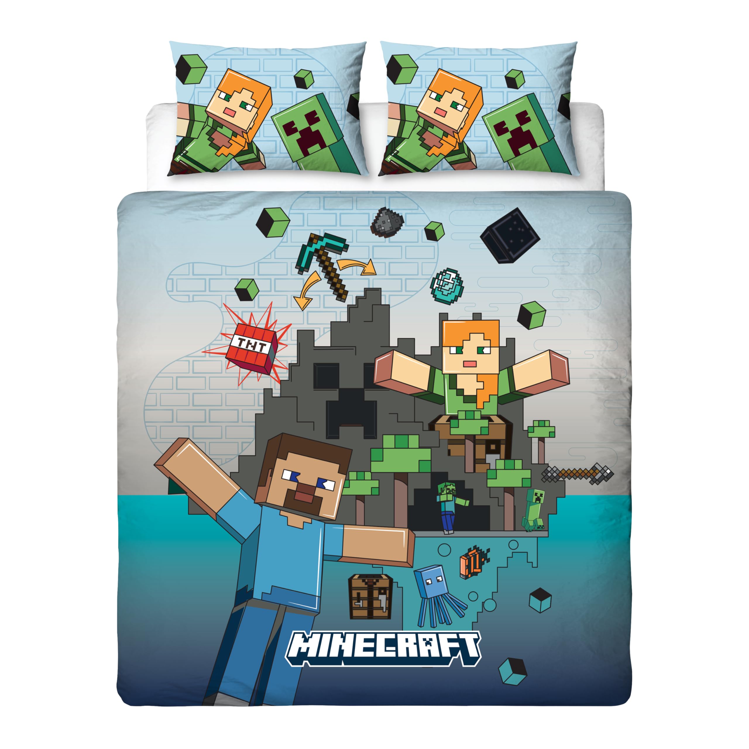 Set copripiumino matrimoniale ufficiale del film Minecraft di Character World | Biancheria da letto reversibile a 2 lati con design Levels e federe abbinate | Set letto matrimoniale