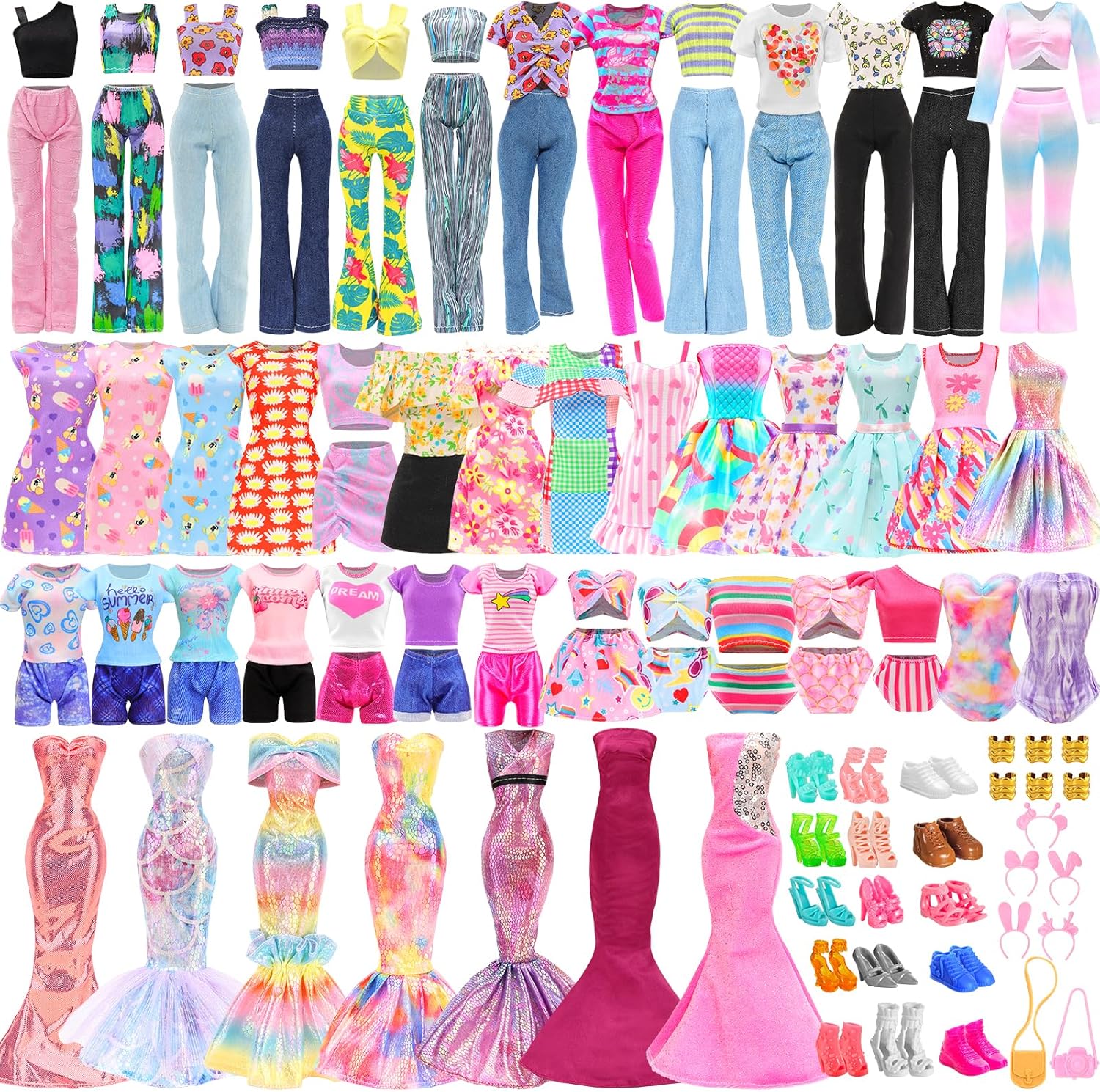 43 Pcs Doll Clothes & Accessories Include 2 Evening Dresses 5 Fashion Dress 5 Tops 5 Pants Chill Outfits 3 Swimsuits with 15 Pairs of Shoes 13 Accessories for 11.5 Inch Girl Dolls Clothing Set