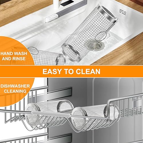 Miniatura 5 de Cestas de parrilla rodantes, 2 unidades, cesta redonda grande para parrilla de barbacoa con tenedores, cilindros de redes de parrilla de acero