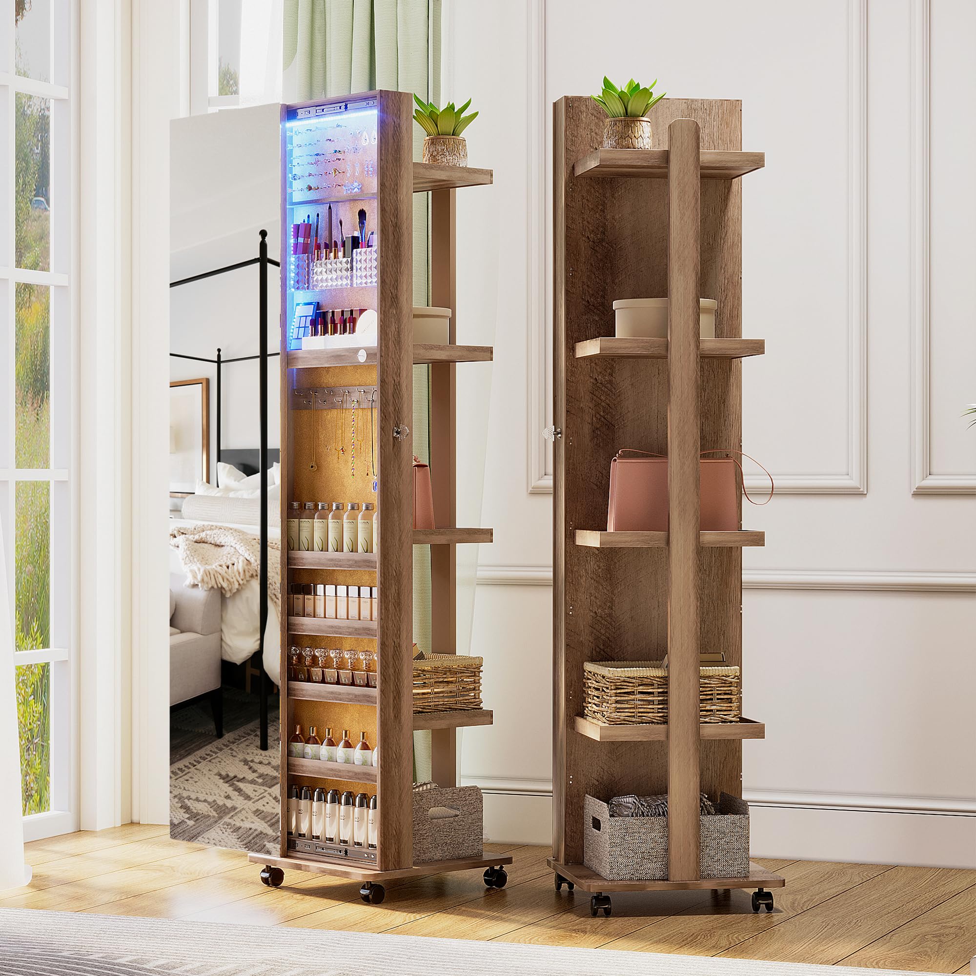 Lvifur 360° Rotating 63 Inch LED Jewelry Armoire,Full Length Mirror Large Capacity Floor Standing 3 Color Dimmable Jewelry Organizer Armoire with 4 rollers,Rear Storage Shelves