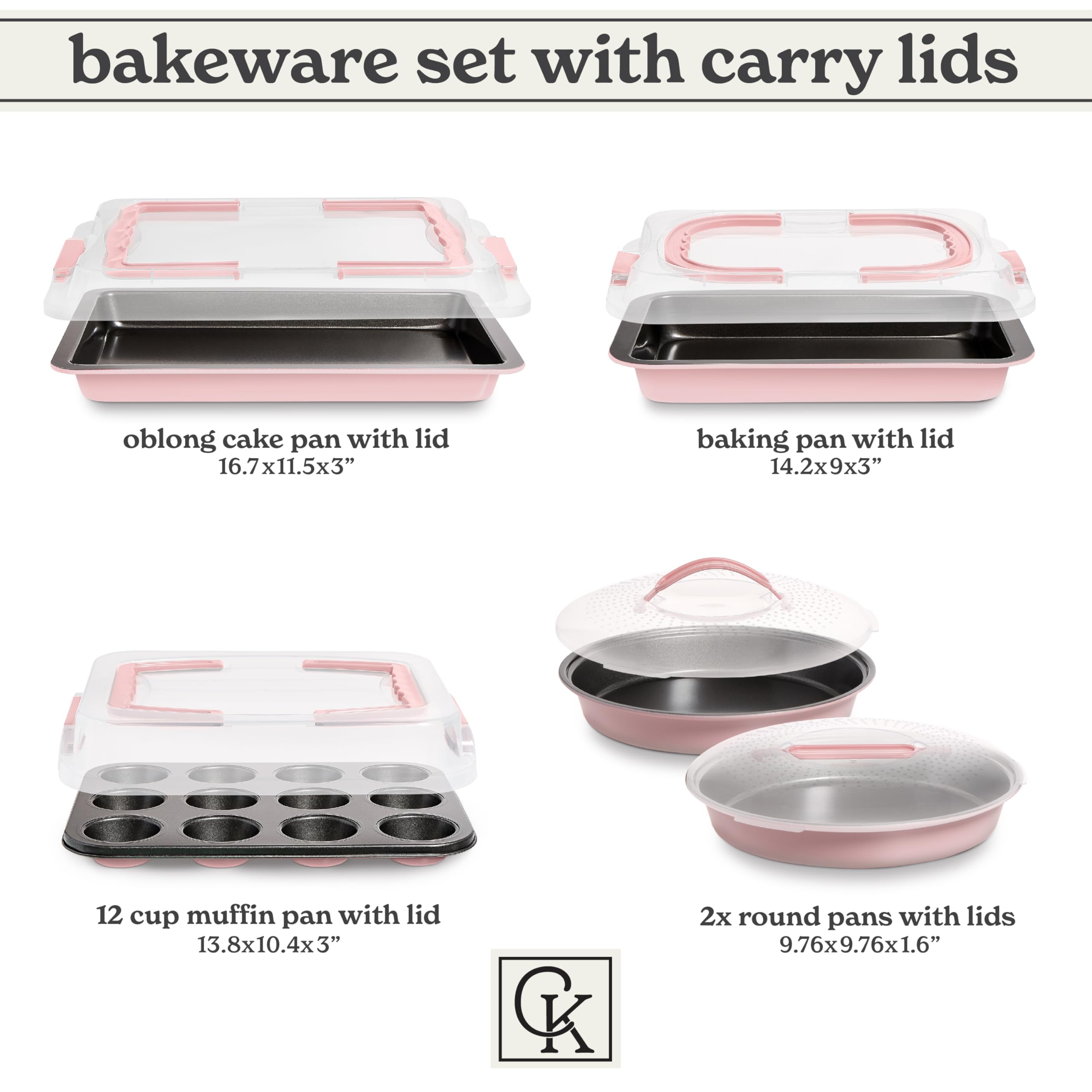 Country Kitchen Juego de 10 moldes antiadherentes para hornear con tapas de transporte para un fácil almacenamiento y viajes, perfectos para fiestas, apilables, color rosa