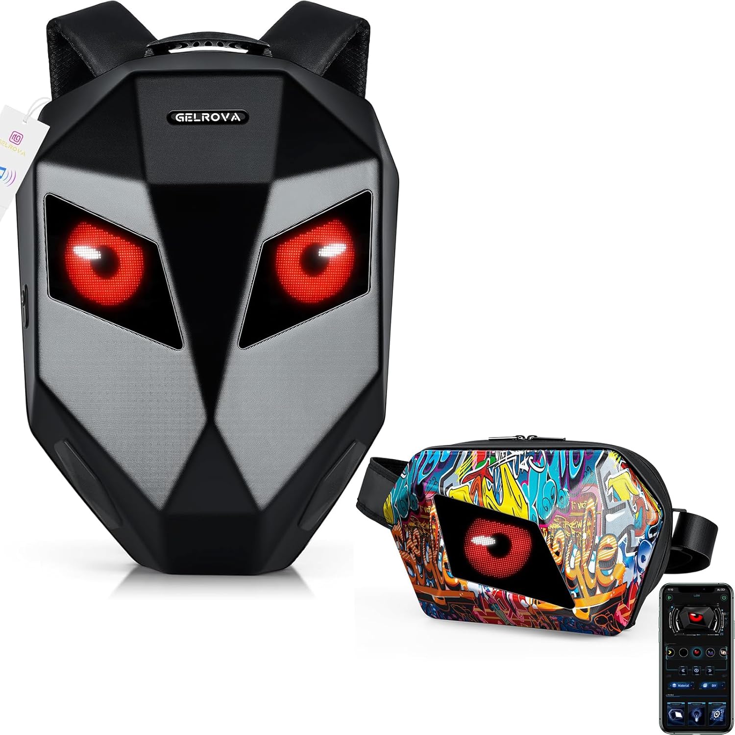 Gelrova Knight Pro LED Cycling Backpack Black and Evil Eye Sling Bag Graffiti