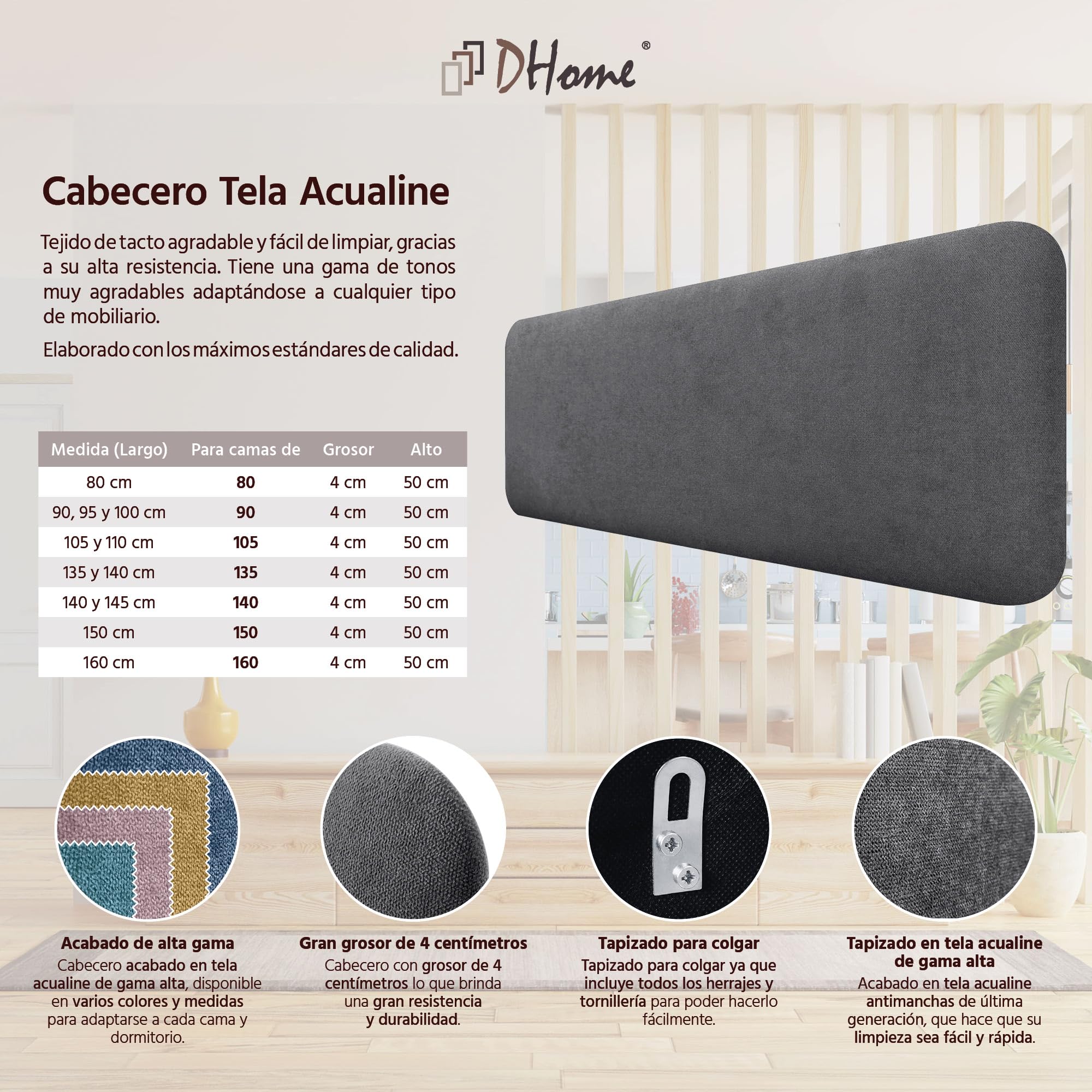 DHOME Gepolstertes Glattes Abgerundetes Kopfteil aus Aqualine-Stoff für Wand Akustik-Kopfteile Schalldämmend Kopfende Bett Schlafzimmer (Aschgrau, 160cm)