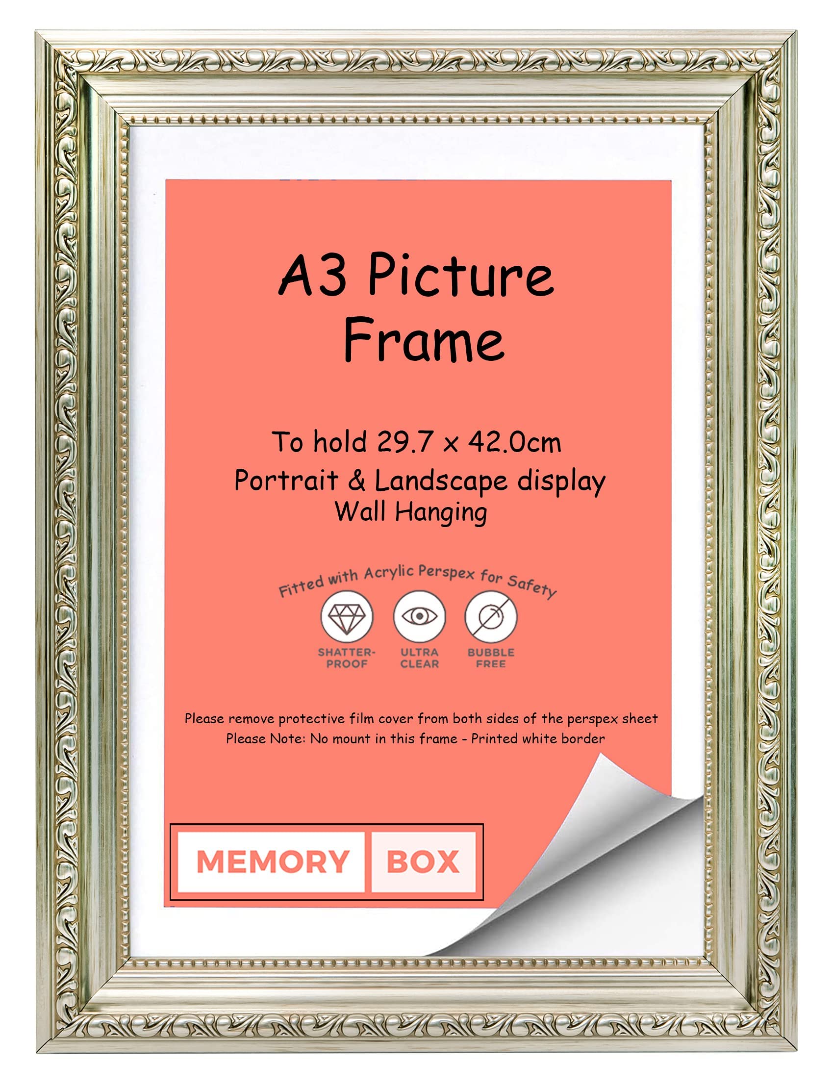 Memory Box Ornate Shabby Chic Picture/Photo/Poster frame with Perspex Sheet - Silver A3