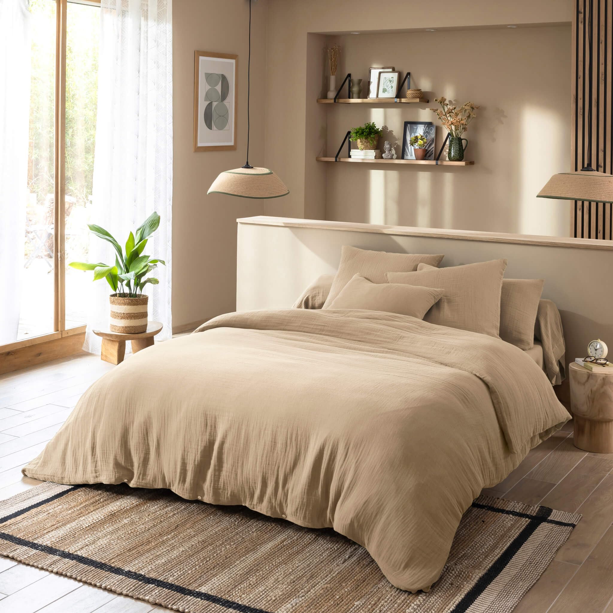 Terre de Nuit - Parure de lit 140x200 Gaze de Coton Beige NOA - Beige - Uni - 57 Fils/cm² - Base Droite