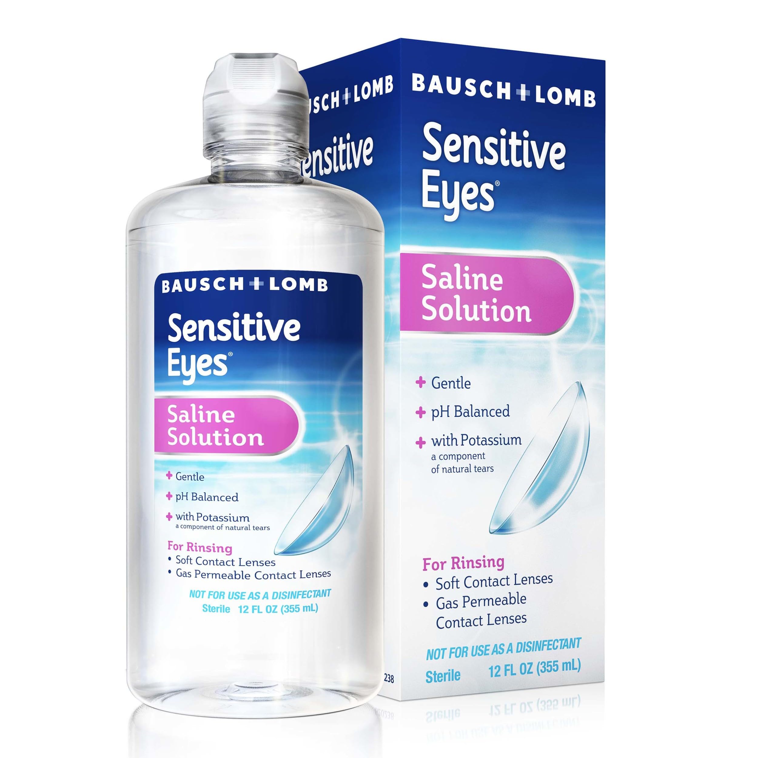 Sensitive Eyes Saline Solution, Gentle Daily Rinse for Soft & Gas Permeable Contact Lenses, with Potassium, 12 Fl Oz