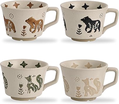 12 oz Vintage Ceramic Coffee Mug Set of 4 - Handmade Stoneware Pottery Countryside Farmhouse Fall Autumn Tea Mugs with Big Handle for Latte,Cocoa,Dishwasher & Microwave Safe Cups Animals