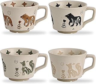 12 oz Vintage Ceramic Coffee Mug Set of 4 - Handmade Stoneware Pottery Countryside Farmhouse Fall Autumn Tea Mugs with Big Handle for Latte,Cocoa,Dishwasher & Microwave Safe Cups (Animals)