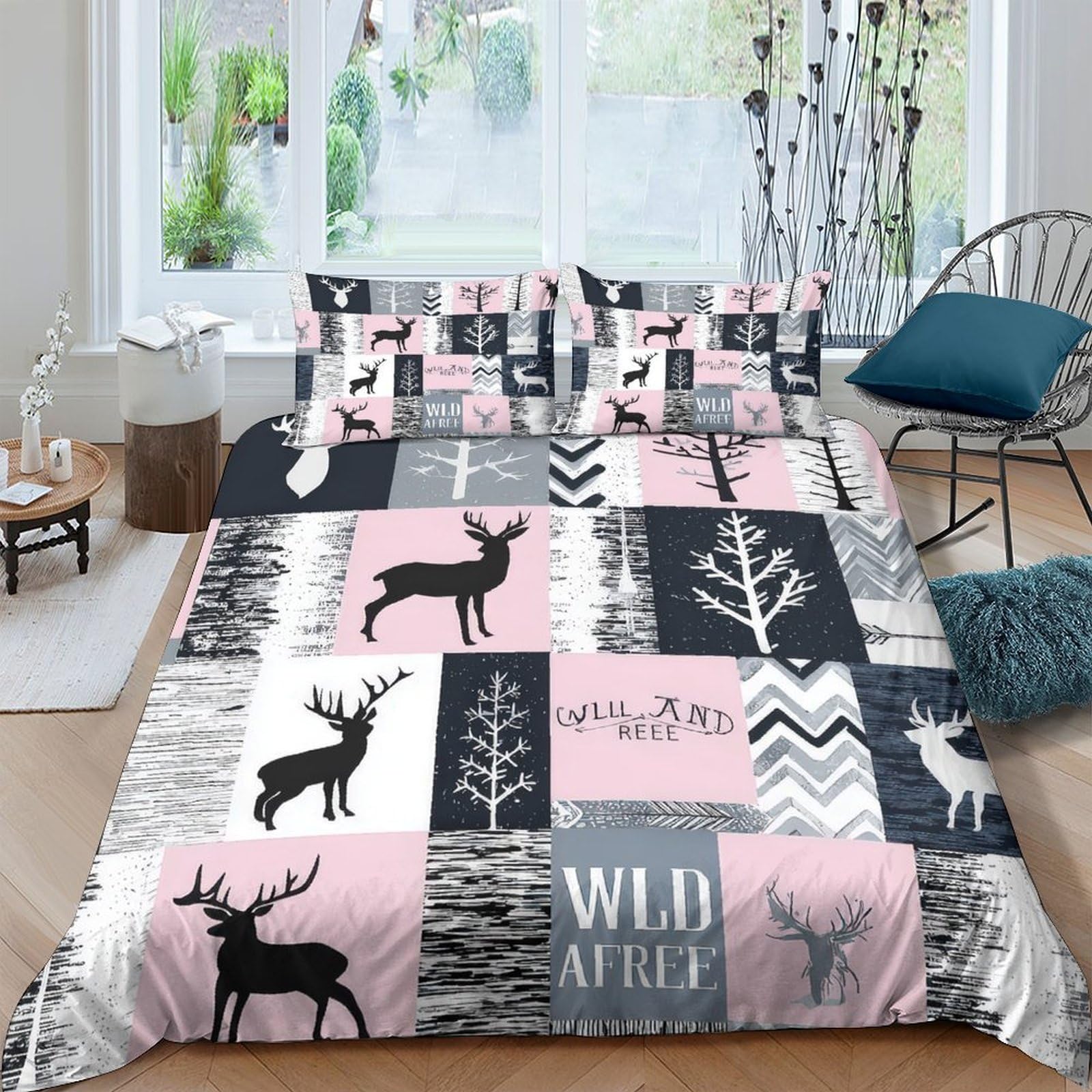 Ctjqhvkz Style-3 3D Printed Forest Deer Fitted Sheet Microfiber Soft Pink Grey Nordic Tree Mattress Cover For Bedroom Dorm Decor Single（135X200cm）
