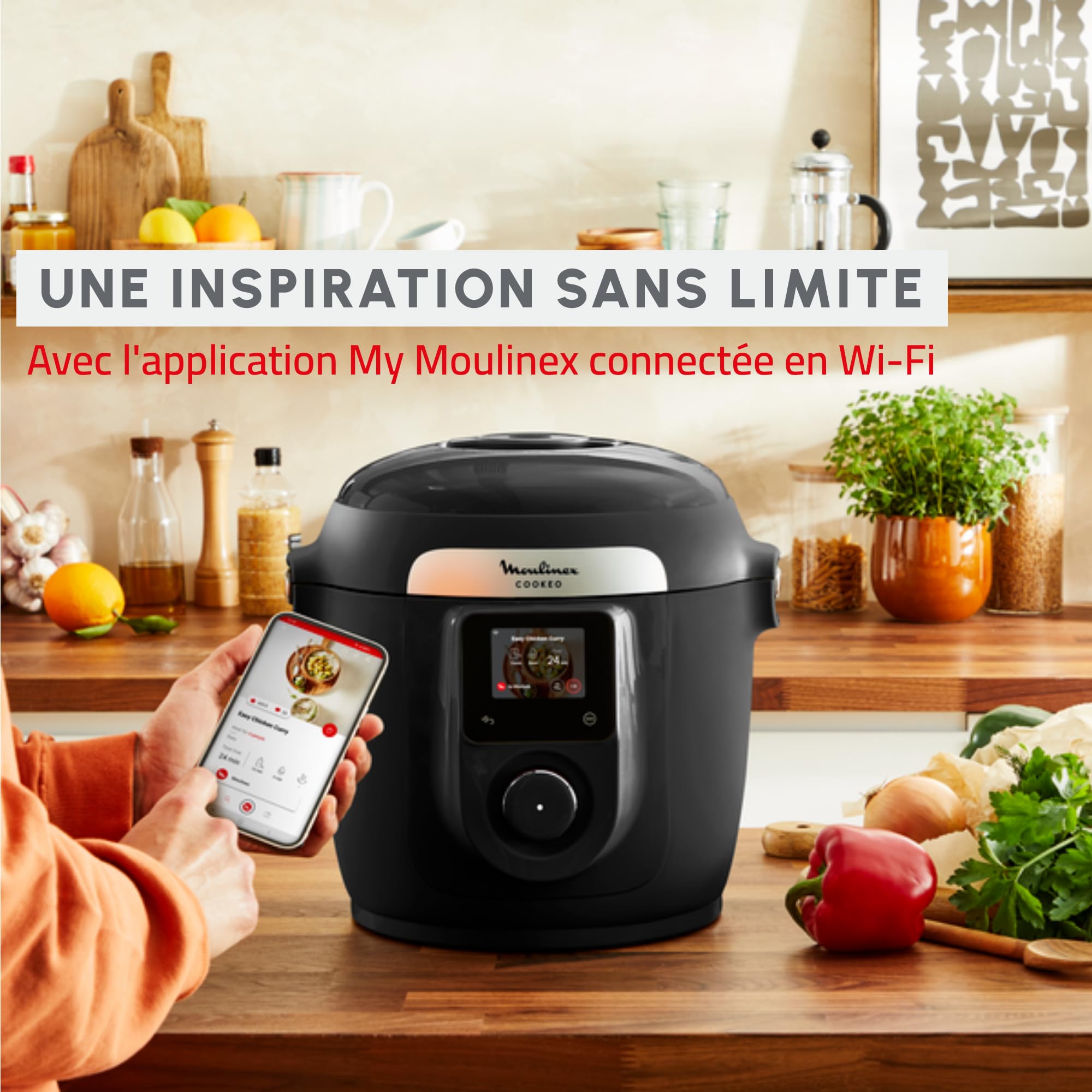 Moulinex Cookeo Wi-Fi 10 w 1, multicooker, 10 trybów gotowania, gotowanie ciśnieniowe, szczegółowe kroki, CE96G810, czarny