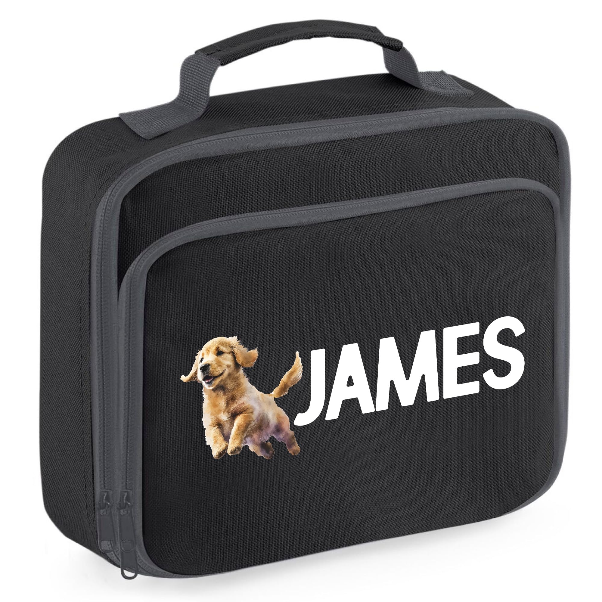 Personalised Golden Retriever Lunch Box Kids Boys Girls Dog Puppy Back to School Accessories Toddlers, 24cm x 20cm x 8cm, Black