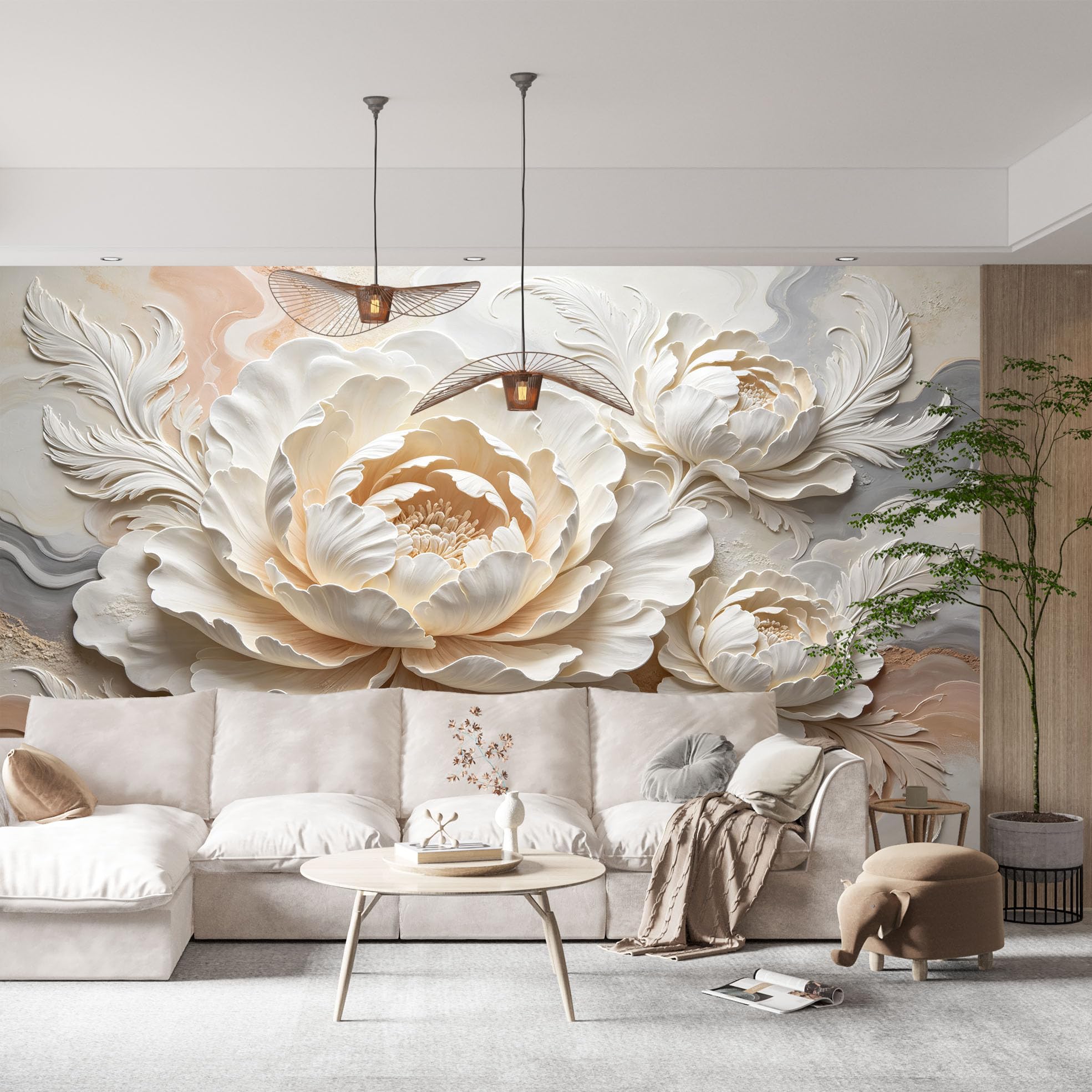 Rzeźba 3D, kwiaty, obraz ścienny, piwonie, tapeta z włókniny, nowoczesna, klasyczna roślina, duże kwiaty, ozdoba ścienna 200 x 140 cm, kremowa, beżowa, akcentująca dekoracja ścienna do salonu