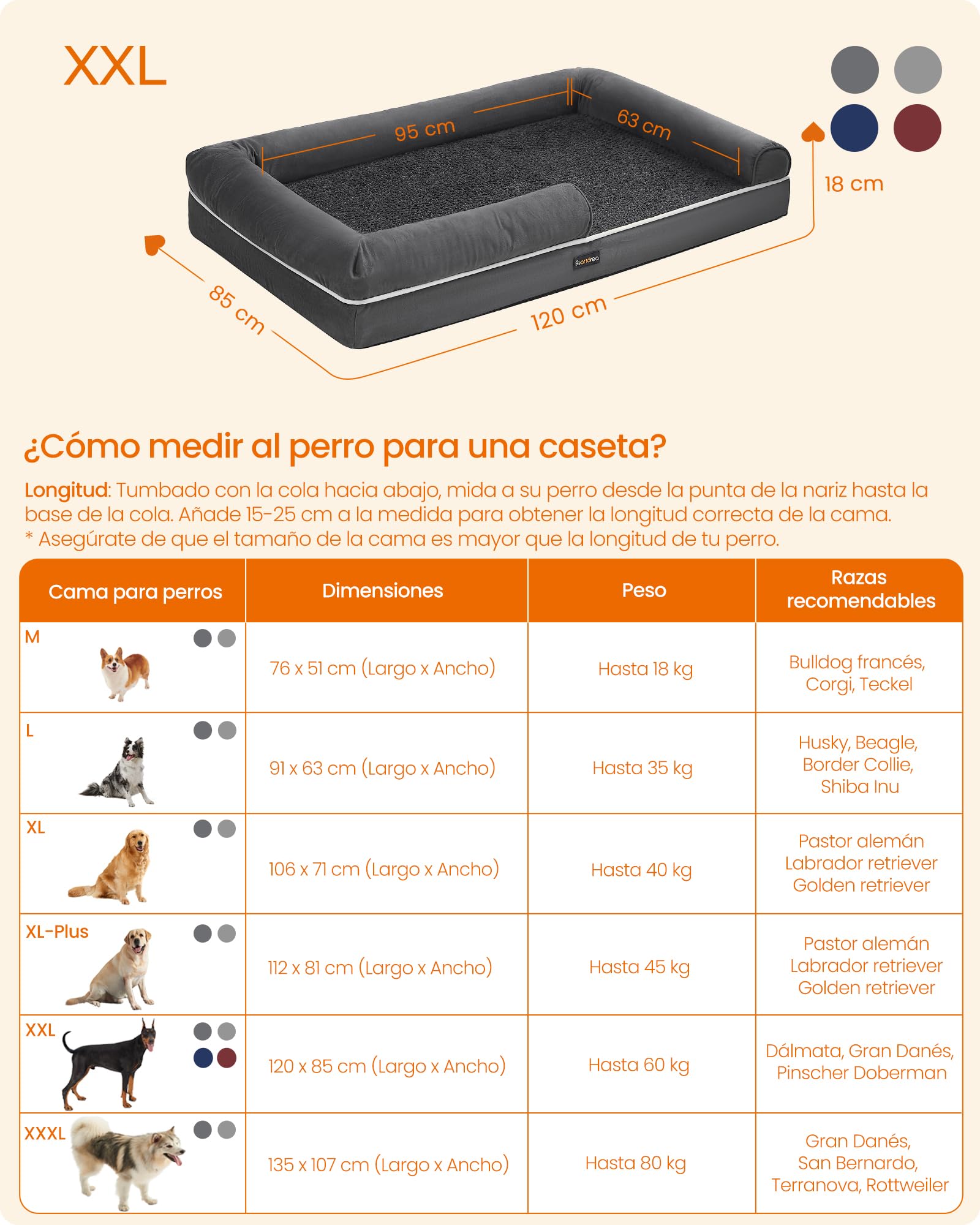 Feandrea Cama Ortopédica para Perros, Sofá, Cama para Mascotas, Acolchado Suave, Bordes Elevados, Funda Extraíble y Lavable, 122 x 85 x 20 cm, Antideslizante, Gris Osucro PGW078G01