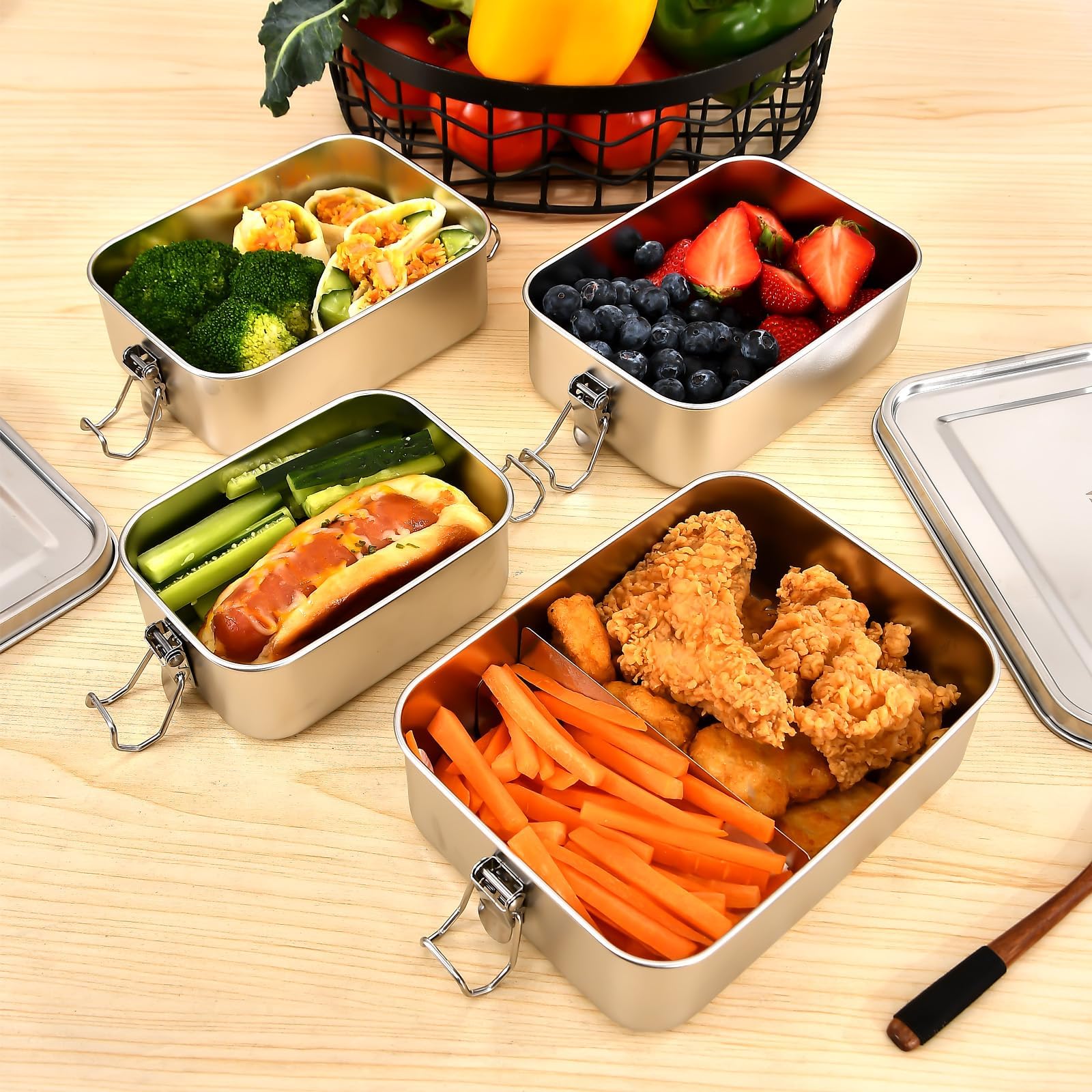 4 Stück Edelstahl-Bento-Box, 4 Größen, Metall-Lunchbox, Lebensmittelbehälter, Lunchbehälter für Zuhause, Arbeit, Camping (550 ml + 850 ml + 1400 ml + 2400 ml)