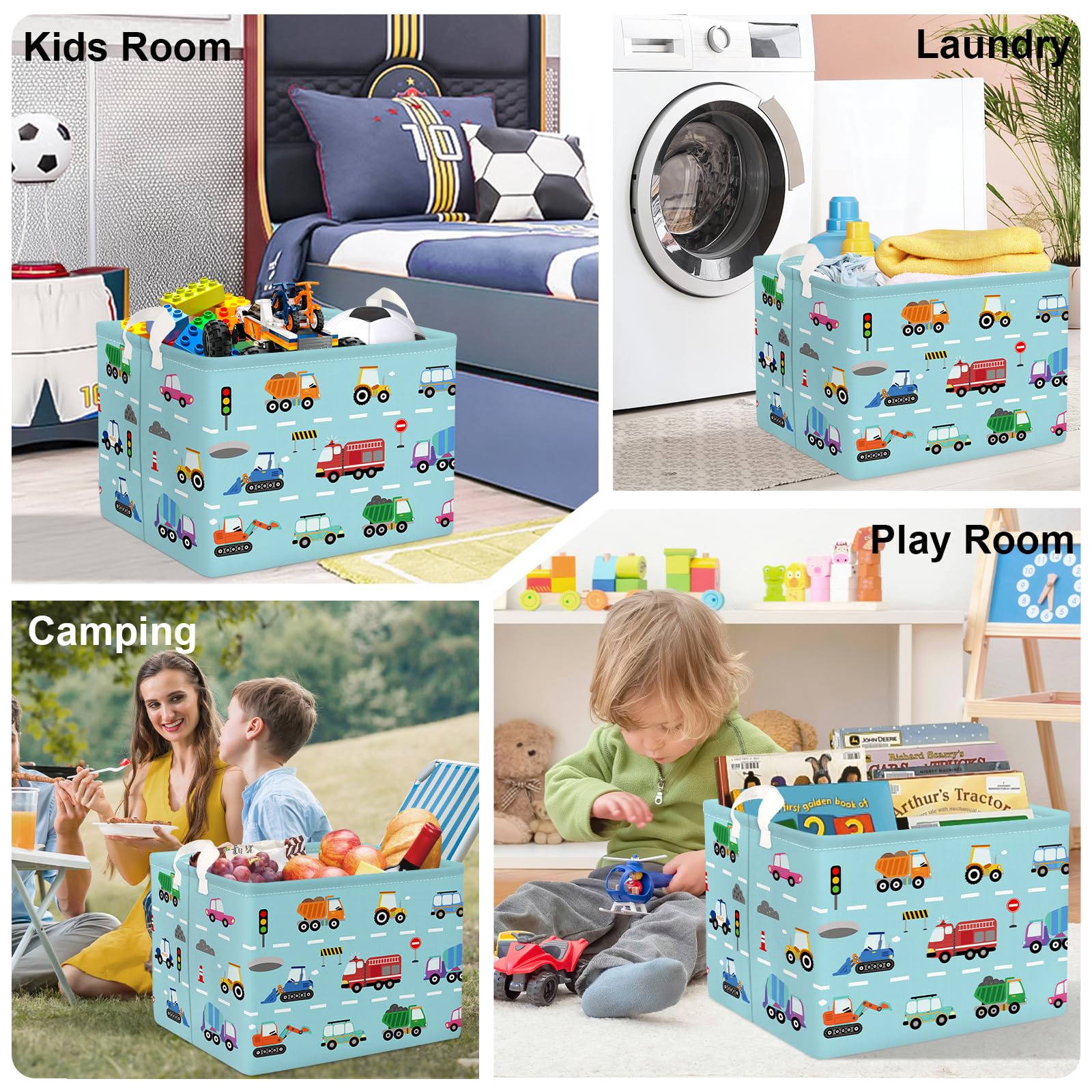 Grand Corbeille a Linge Voitures de Dessins Animés Repliable Panier Rangement Jouets Vêtements pour Maison,Camion de pompiers,36L