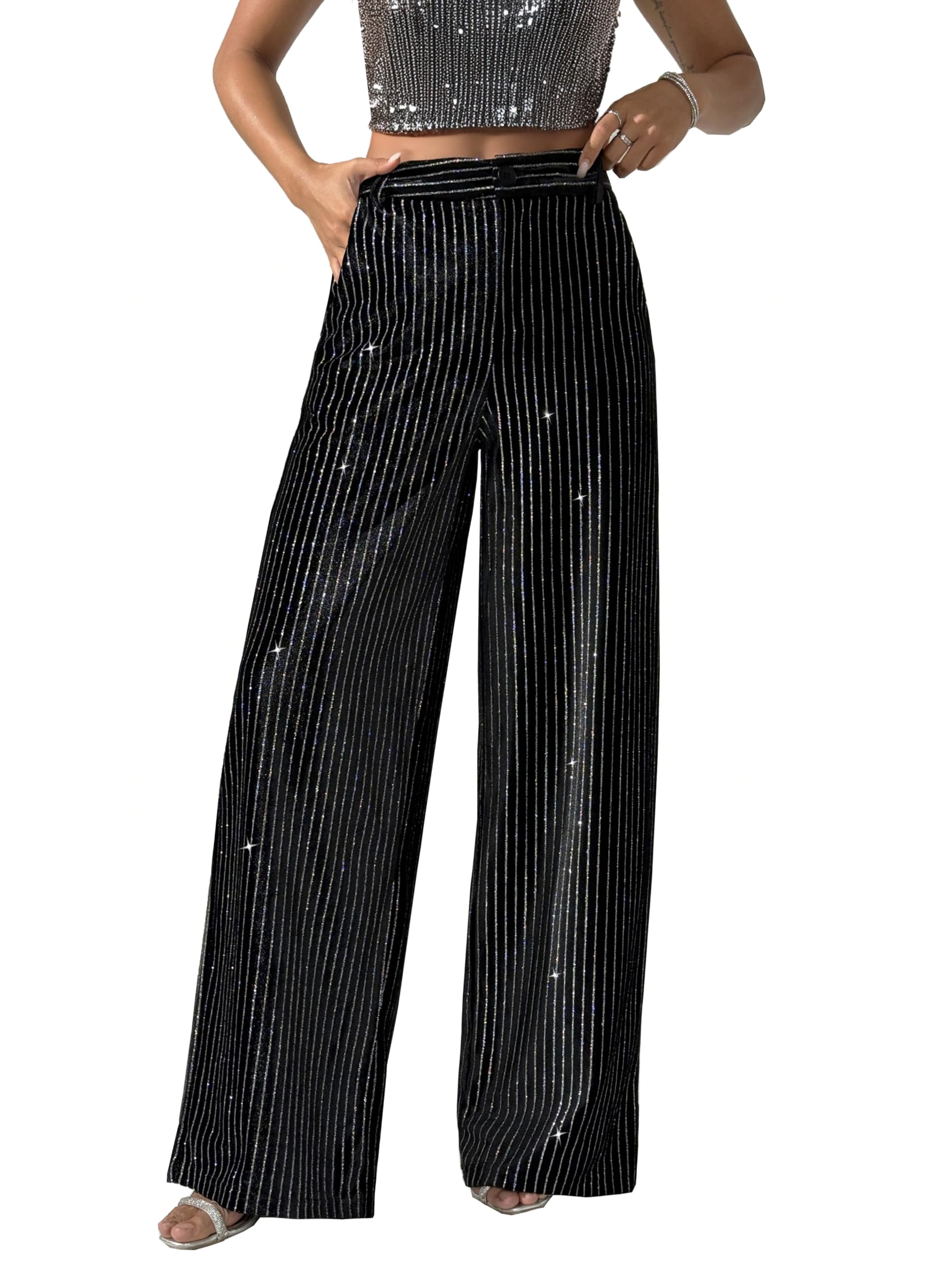 Pantaloni da donna a righe in velluto con strass per autunno spessi pantaloni a gamba larga luccicanti glitter party clubwear