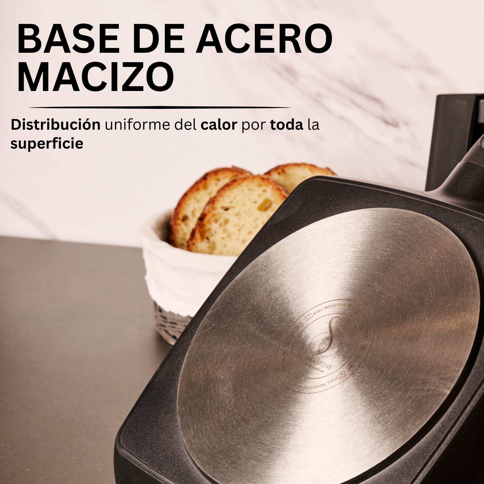 Stone&Stone Sartén Grill 28 cm Cuadrada Inducción Antiadherente con Mango Extraíble, Revestimiento Cerámico Alemán, Base de Acero Completo, Apta para Inducción, Gas y Horno, Sin PFAS, PFOA ni PTFE