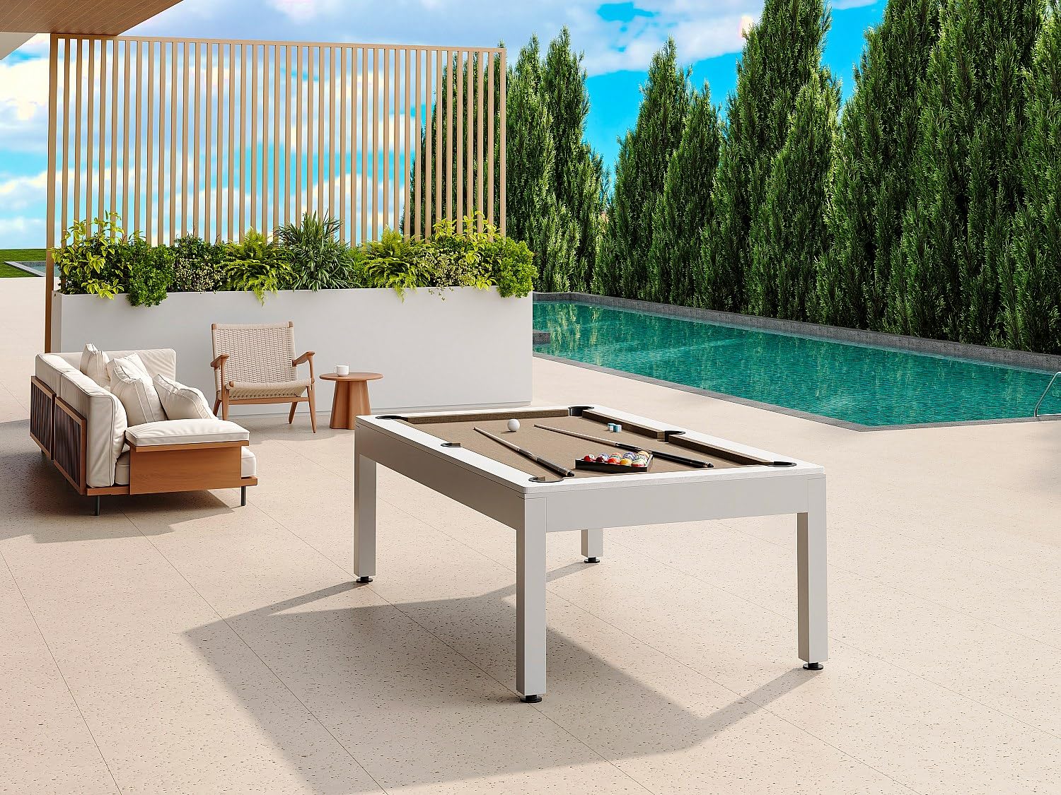Vente-unique - Billard d'extérieur Blanc et Taupe avec Housse - L213,4 x P121,1 x 79,7 cm - STAZIO